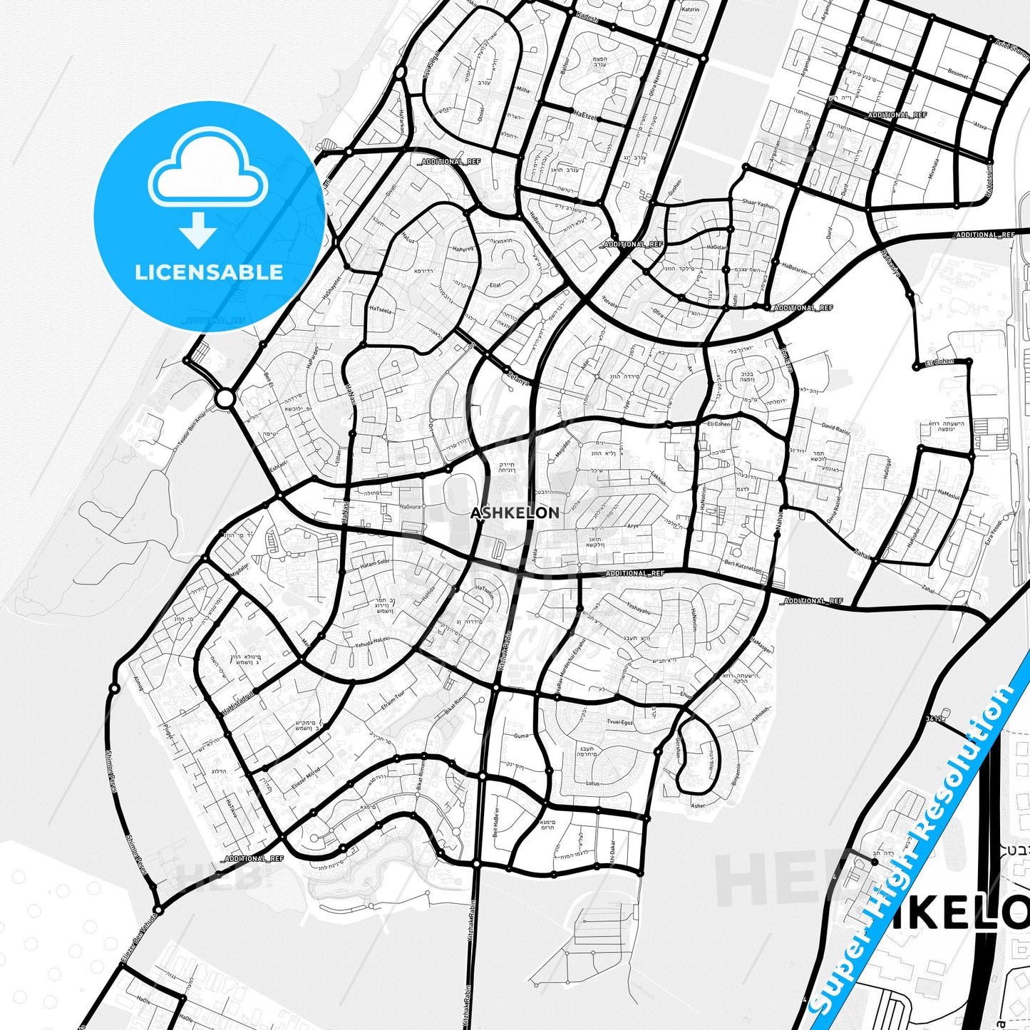 Ashkelon, Israel Light Map with Street Names, City Names, and Districts