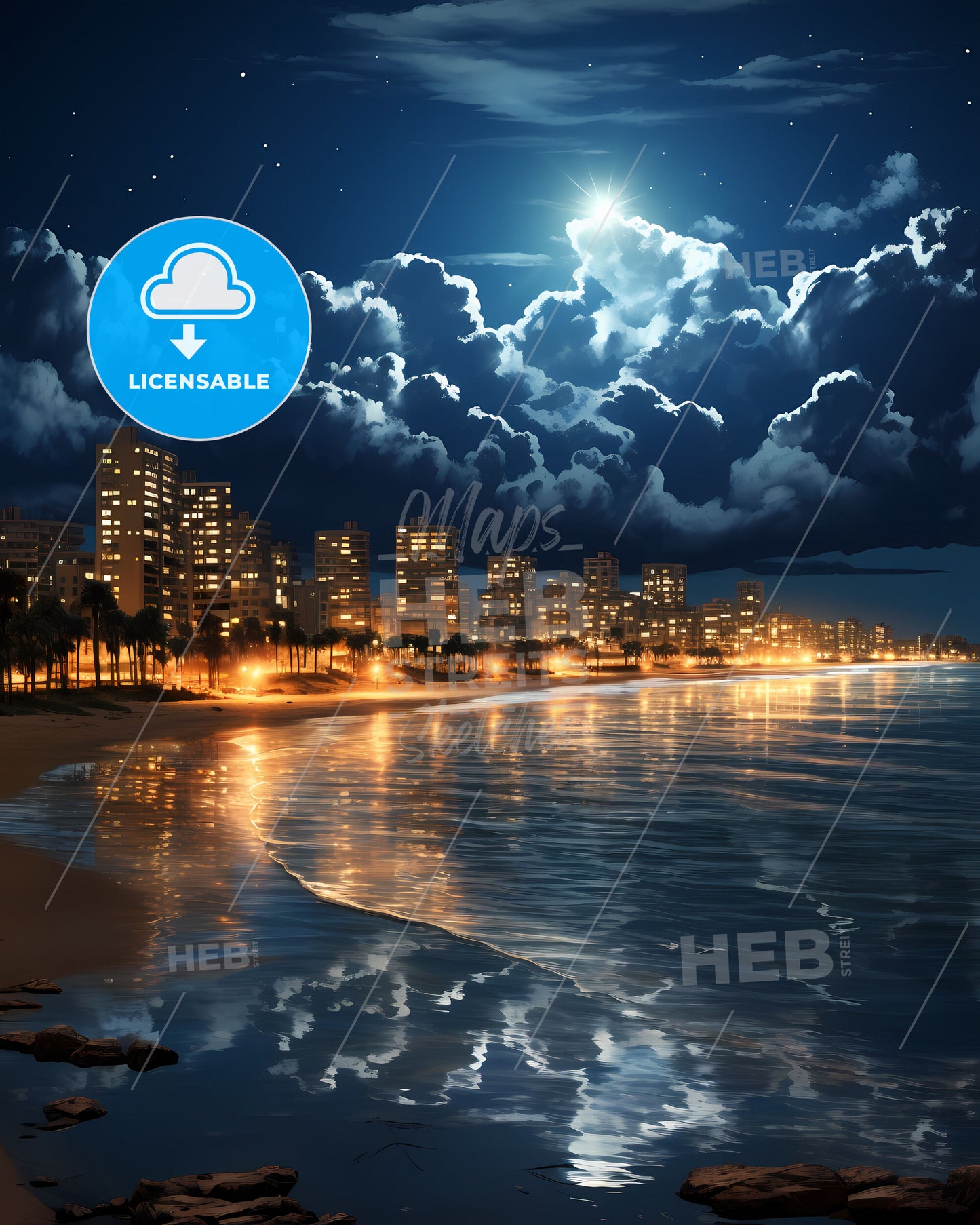 Ashkelon Israel Skyline, city at night, palm trees and beach - art painting