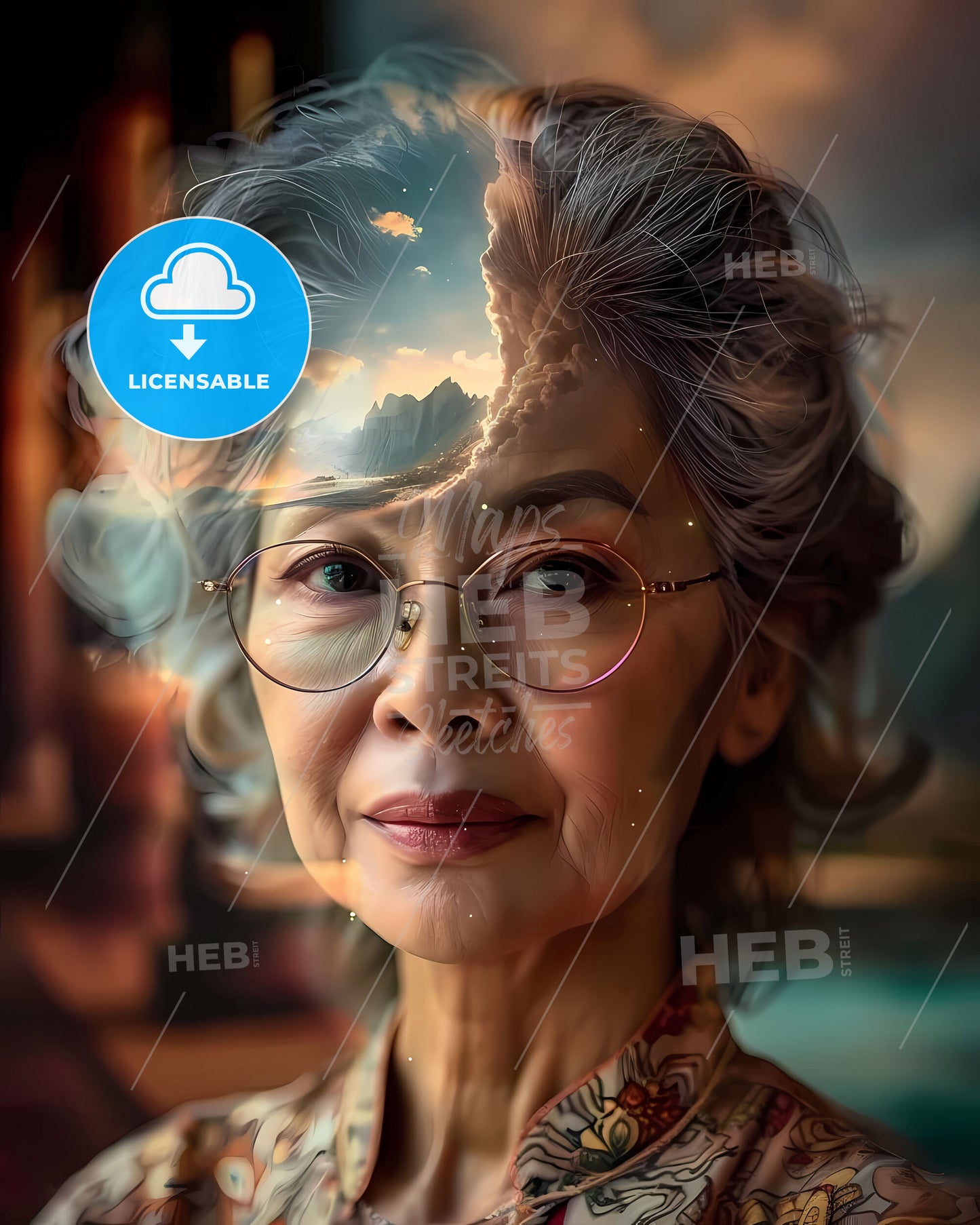 Elegant Senior Portrait: Asian Grandma with Glasses and Dreamy Double Exposure Effect