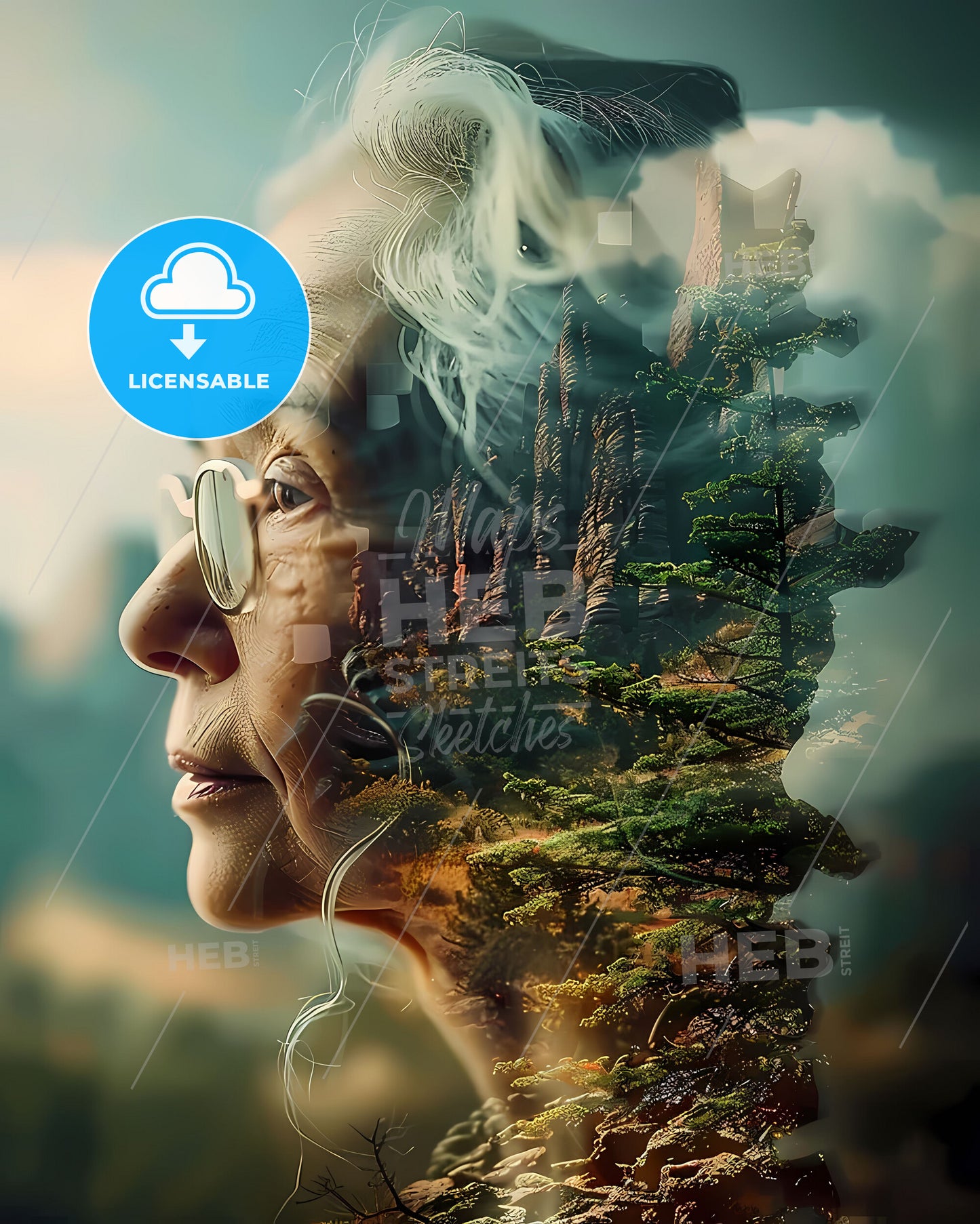 Vibrant Asian Grandma: Happy Senior Smile, Double Exposure Close-Up with Leisure Scenery & Artistic Focus