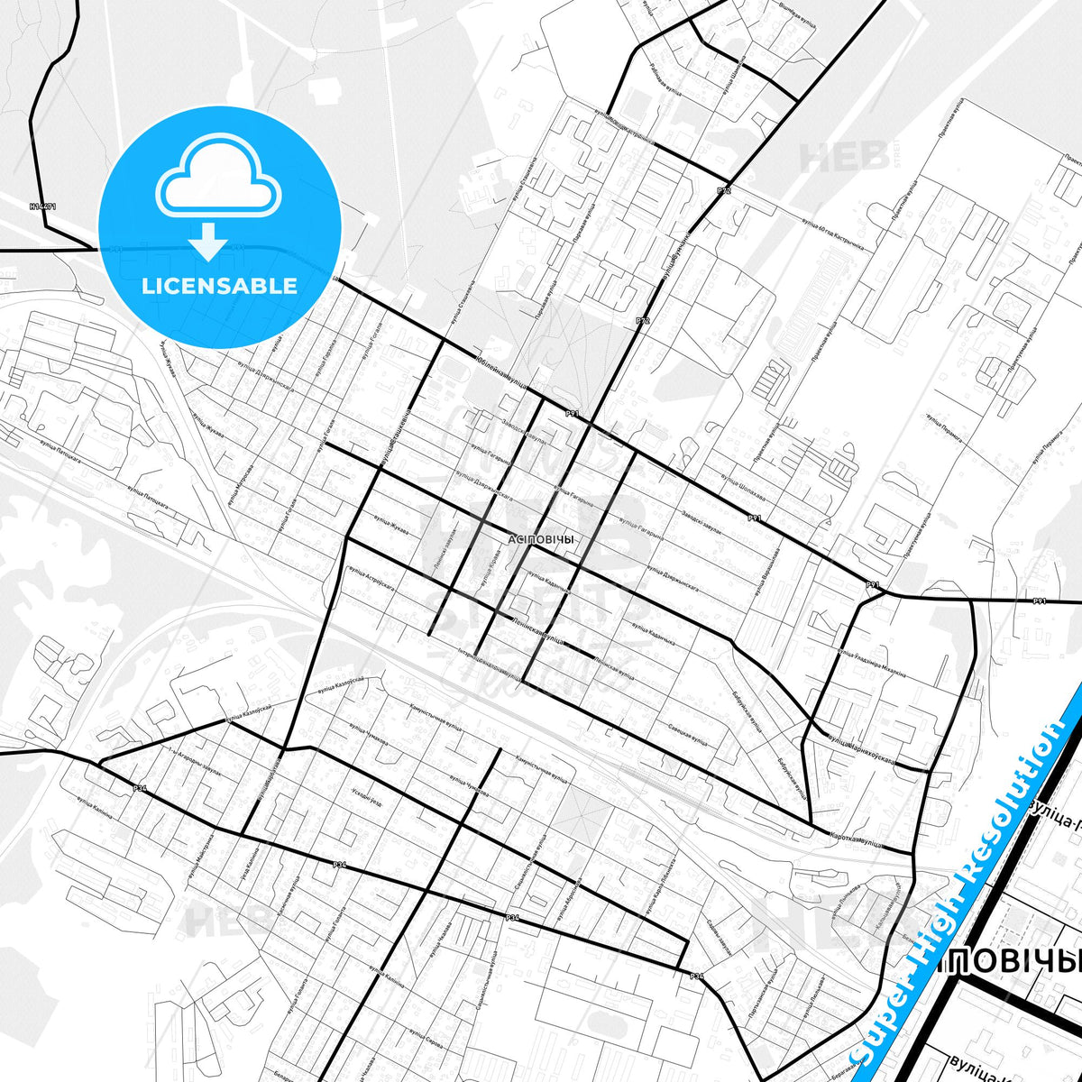 Asipovichy, Belarus Light Map with Street Names, City Names, and Districts