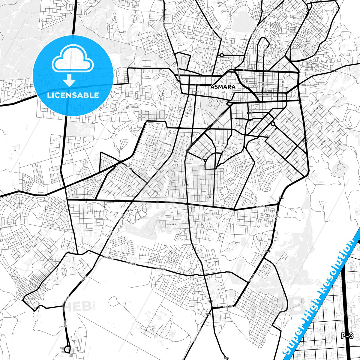 Asmara, Eritrea Light Map with Street Names, City Names, and Districts