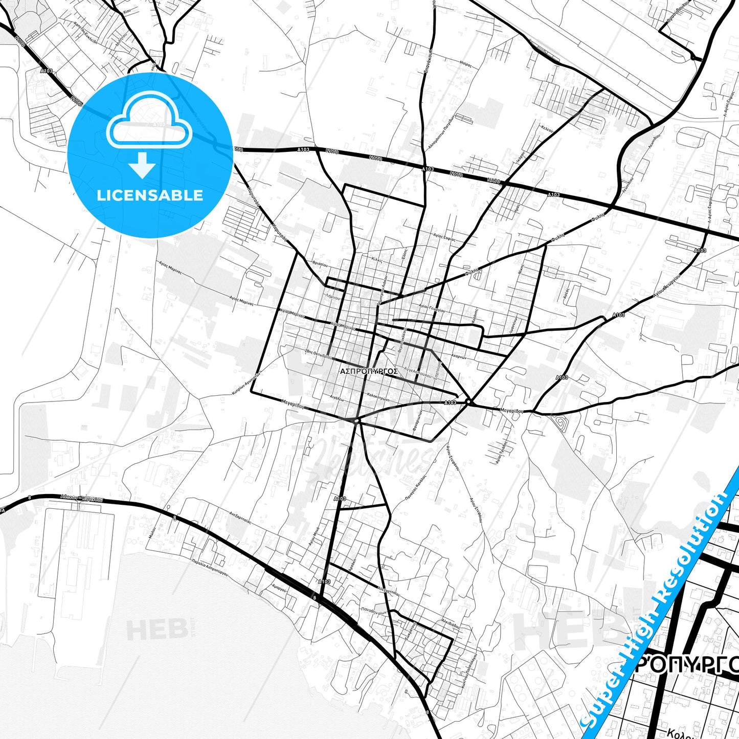 Aspropyrgos, Greece Light Map with Street Names, City Names, and Districts