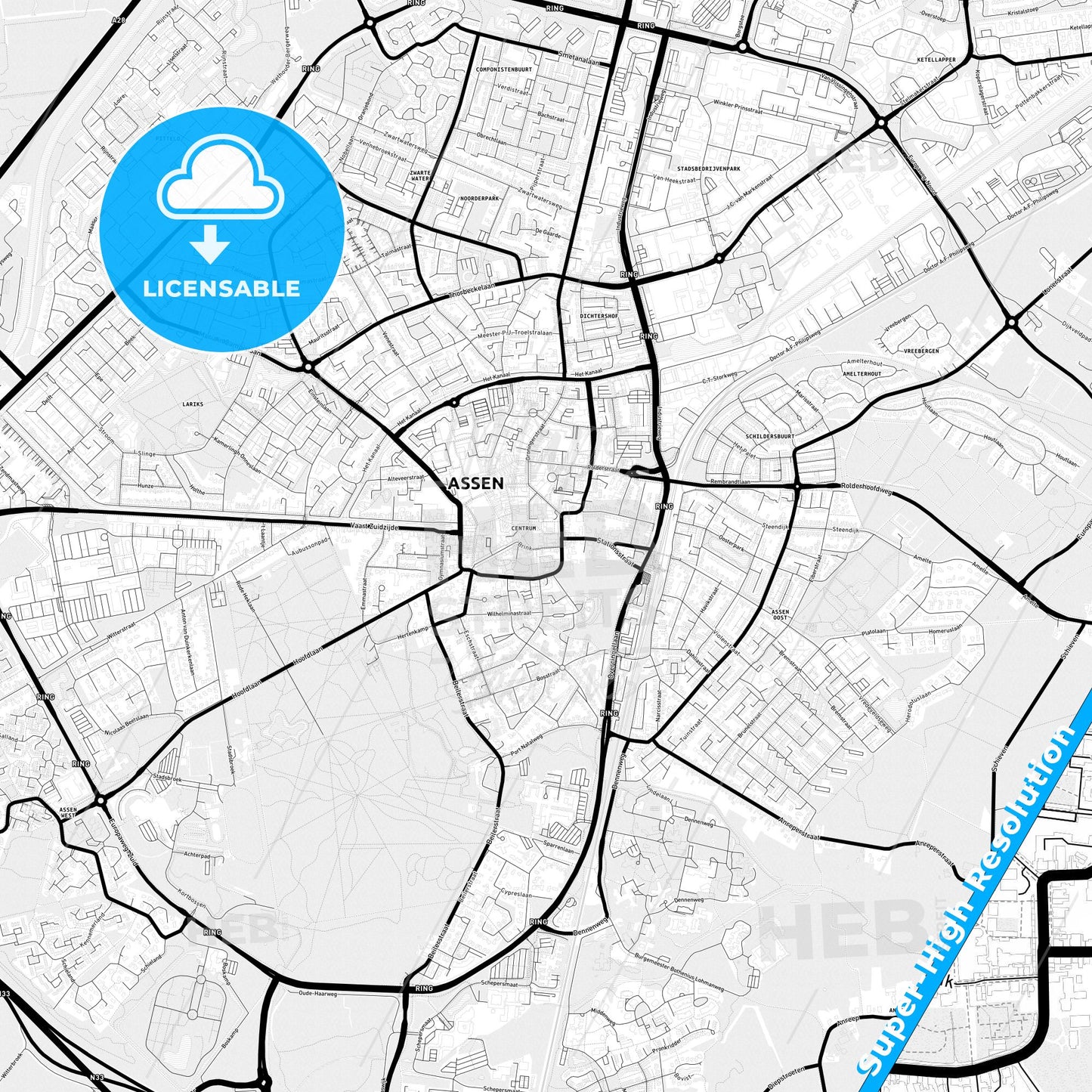 Assen, Netherlands Light Map with Street Names, City Names, and Districts