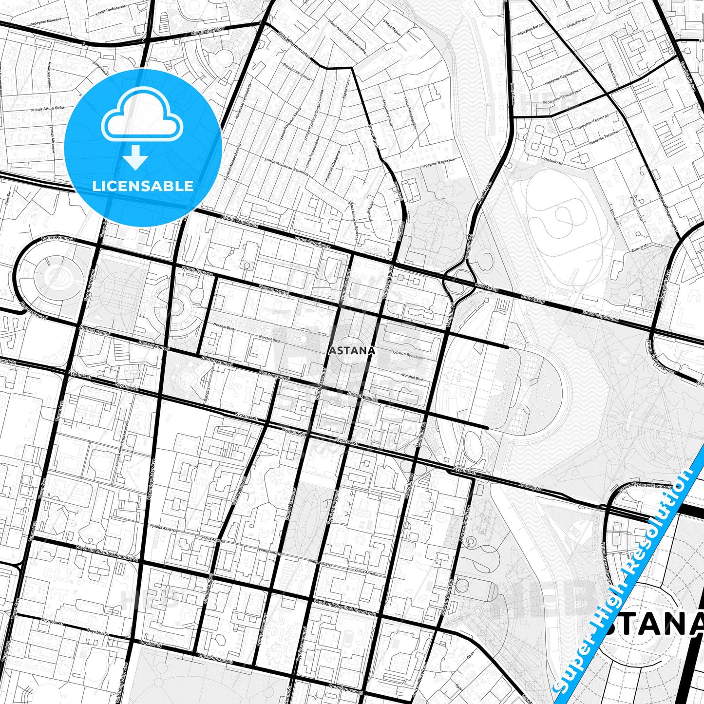 Astana, Kazakhstan Light Map with Street Names, City Names, and Districts