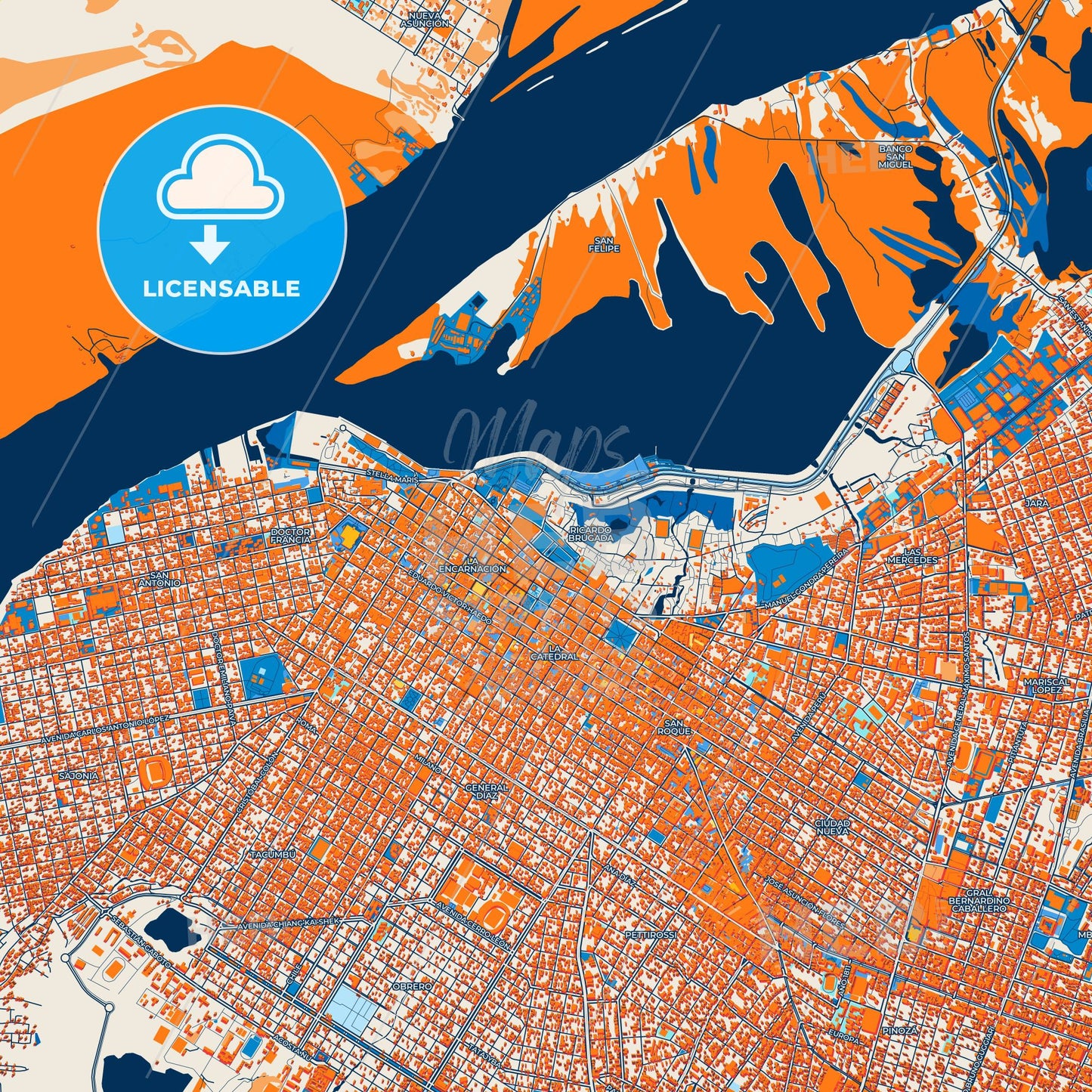 Colorful Asuncion Street Map with Labels and Buildings