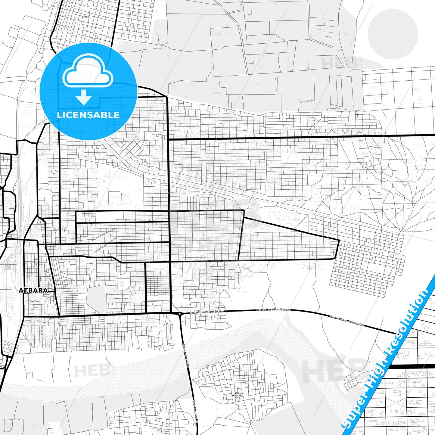 Atbara, Sudan Light Map with Street Names, City Names, and Districts