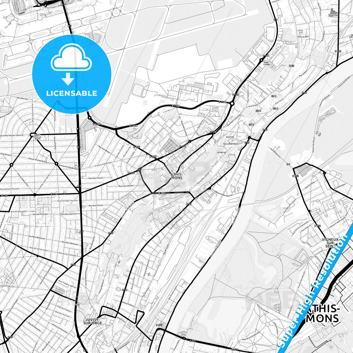 Athis-Mons, France Light Map with Street Names, City Names, and Districts