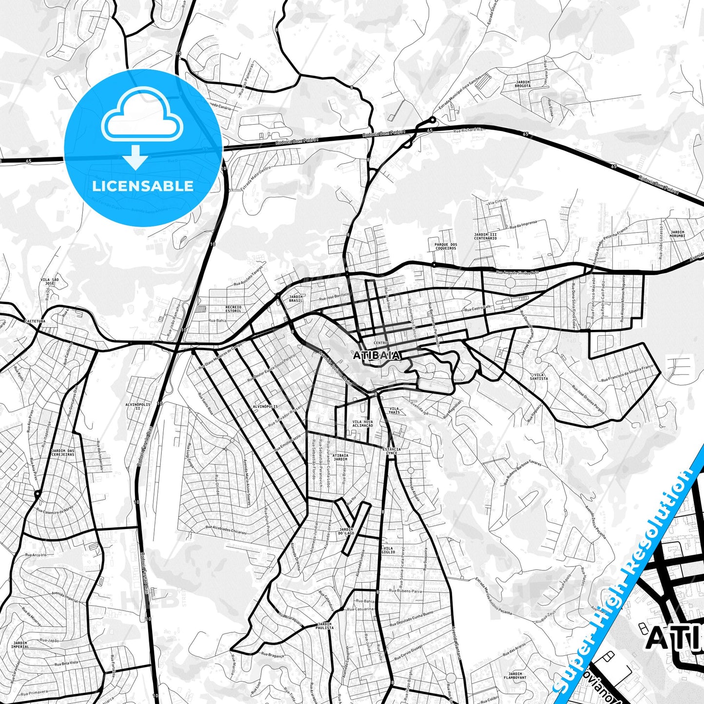Atibaia, Brazil Light Map with Street Names, City Names, and Districts