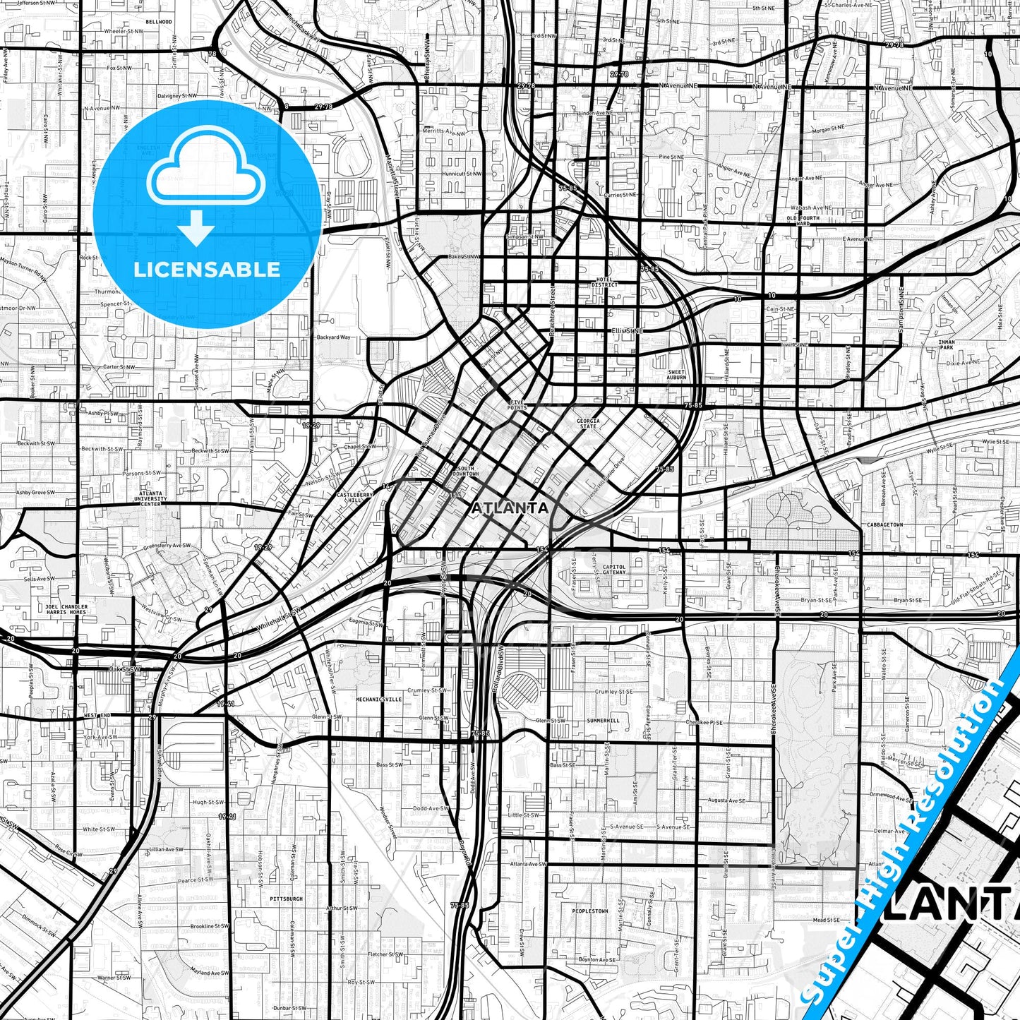 Atlanta, Georgia Light Map with Street Names, City Names, and Districts