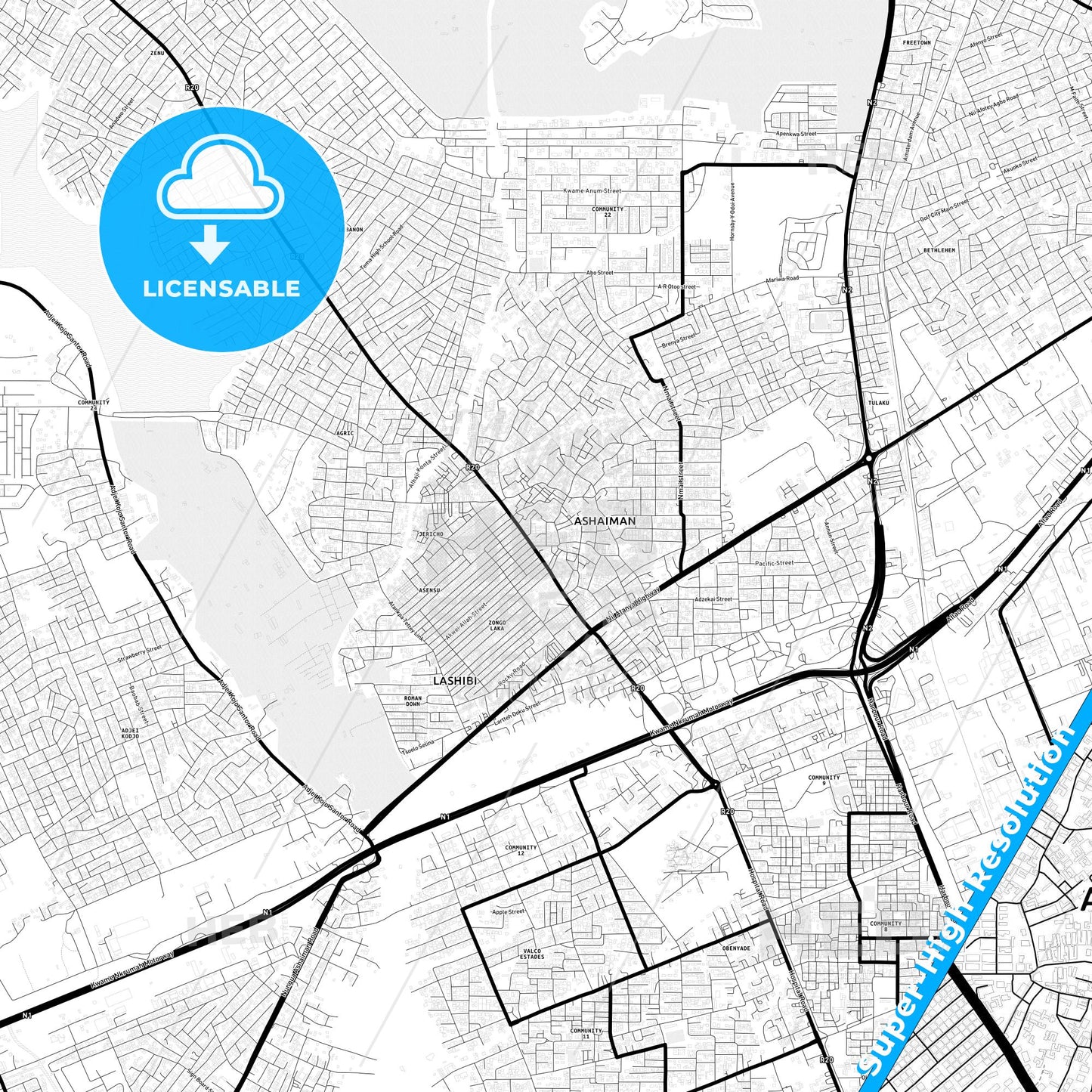 Atsiaman, Ghana Light Map with Street Names, City Names, and Districts