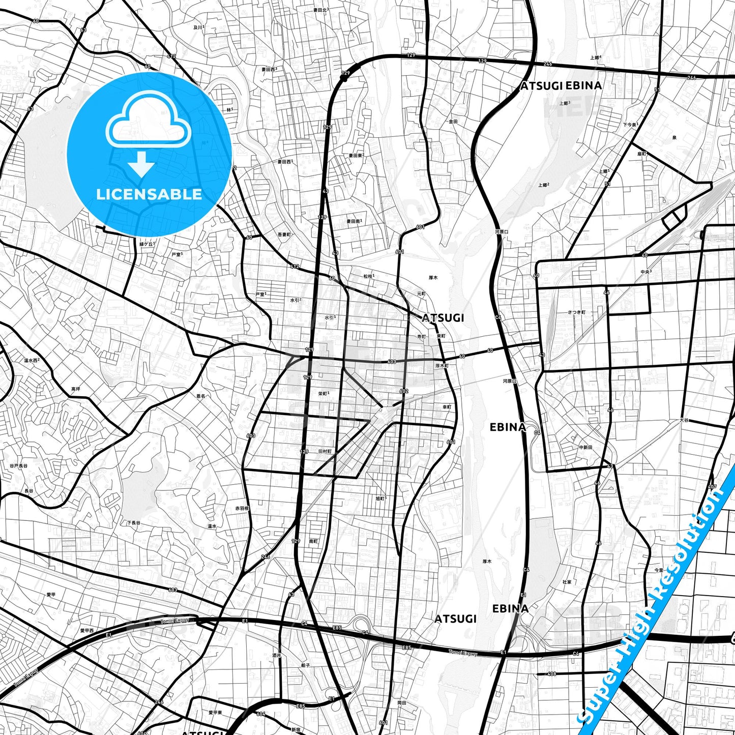 Atsugi, Japan Light Map with Street Names, City Names, and Districts