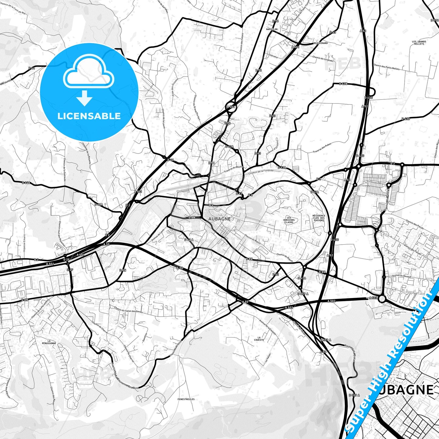 Aubagne, France Light Map with Street Names, City Names, and Districts