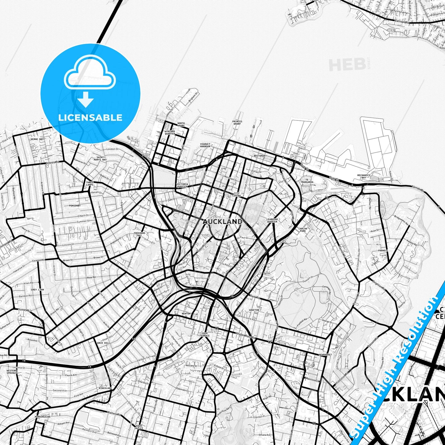 Auckland, New Zealand Light Map with Street Names, City Names, and Districts