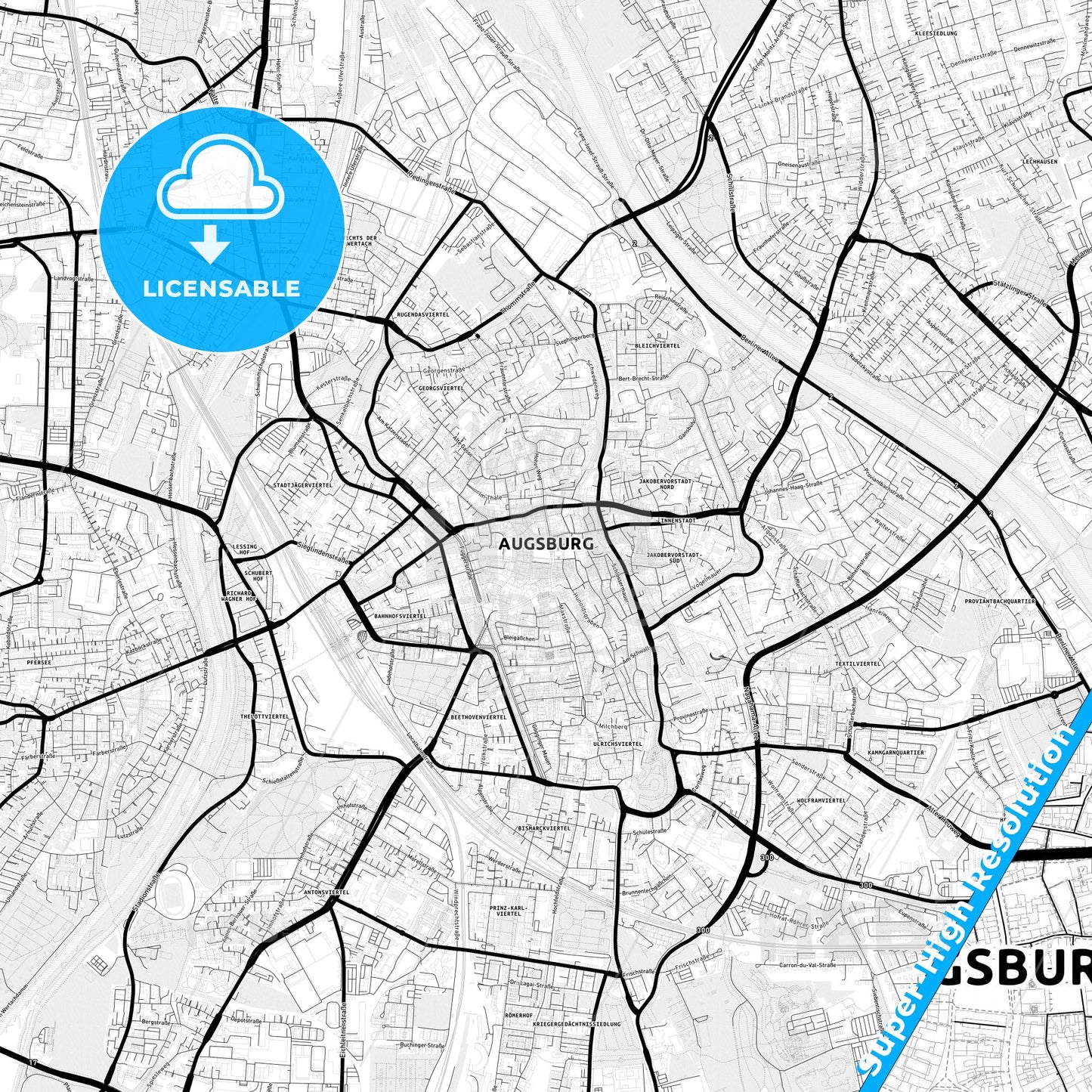 Augsburg, Germany Light Map with Street Names, City Names, and Districts