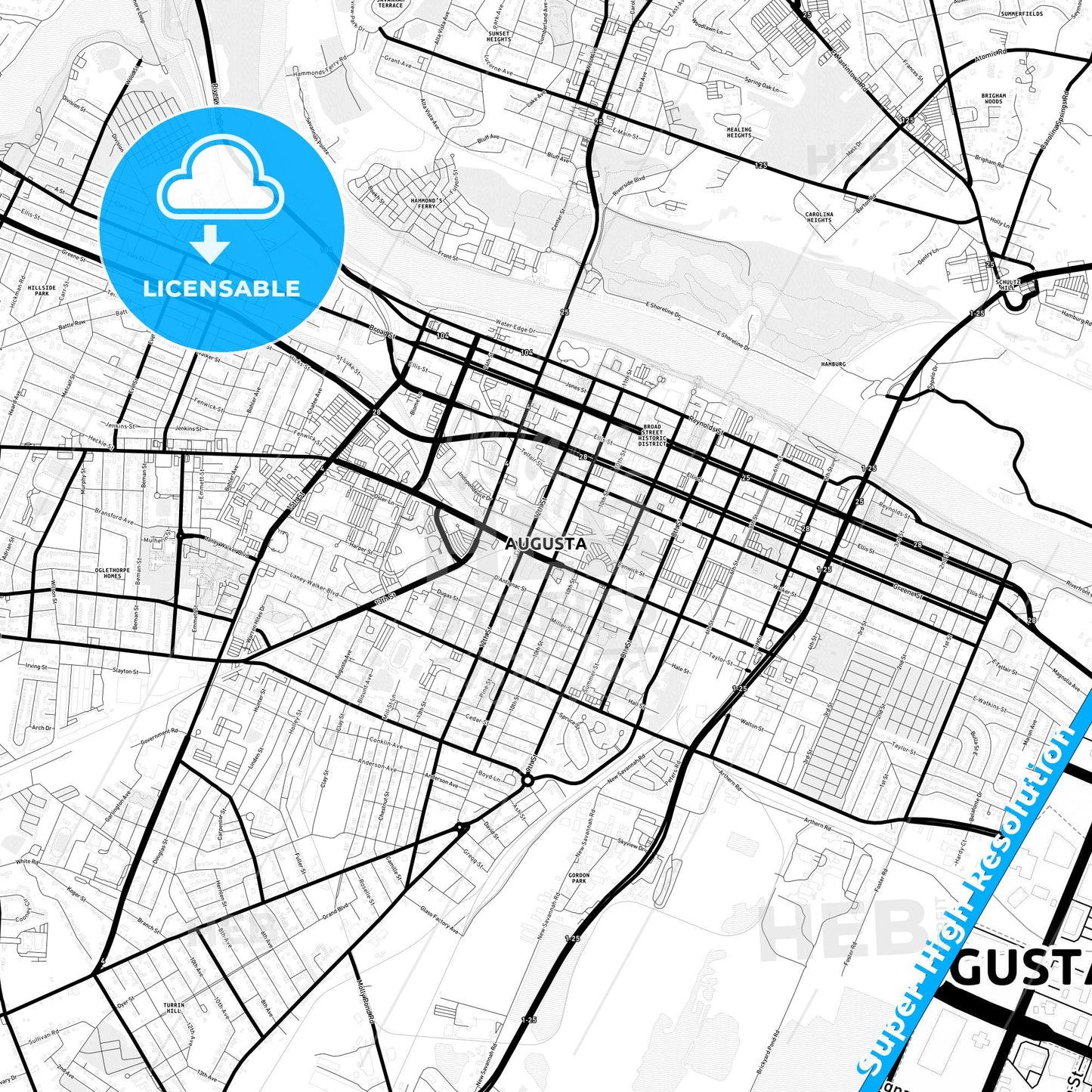 Augusta, Georgia Light Map with Street Names, City Names, and Districts