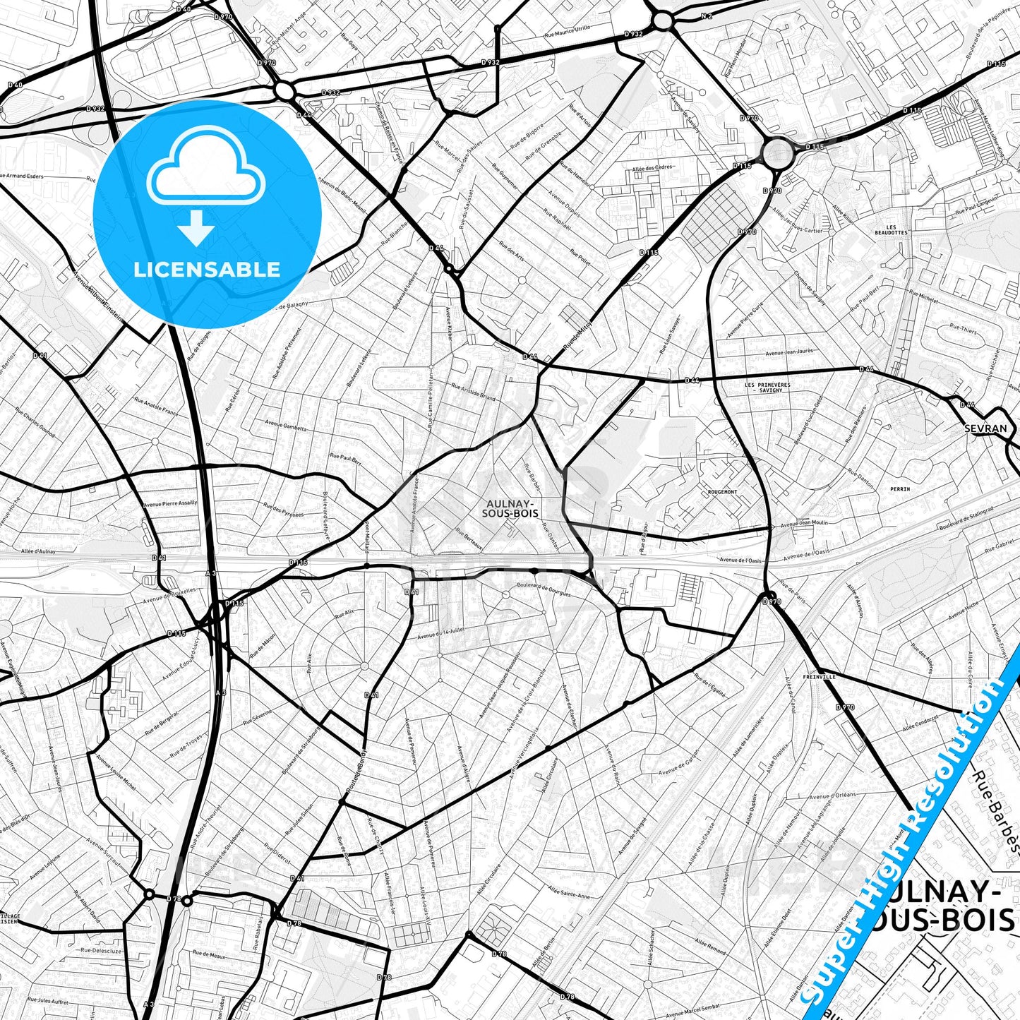 Aulnay-sous-Bois, France Light Map with Street Names, City Names, and Districts