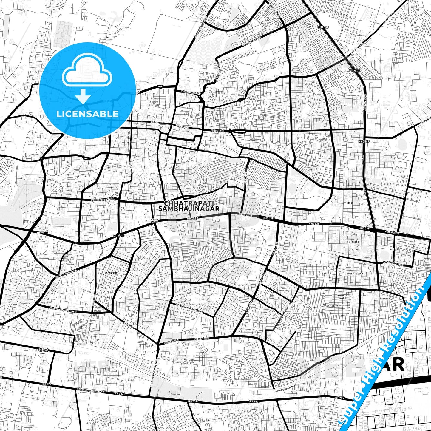 Aurangabad, India Light Map with Street Names, City Names, and Districts
