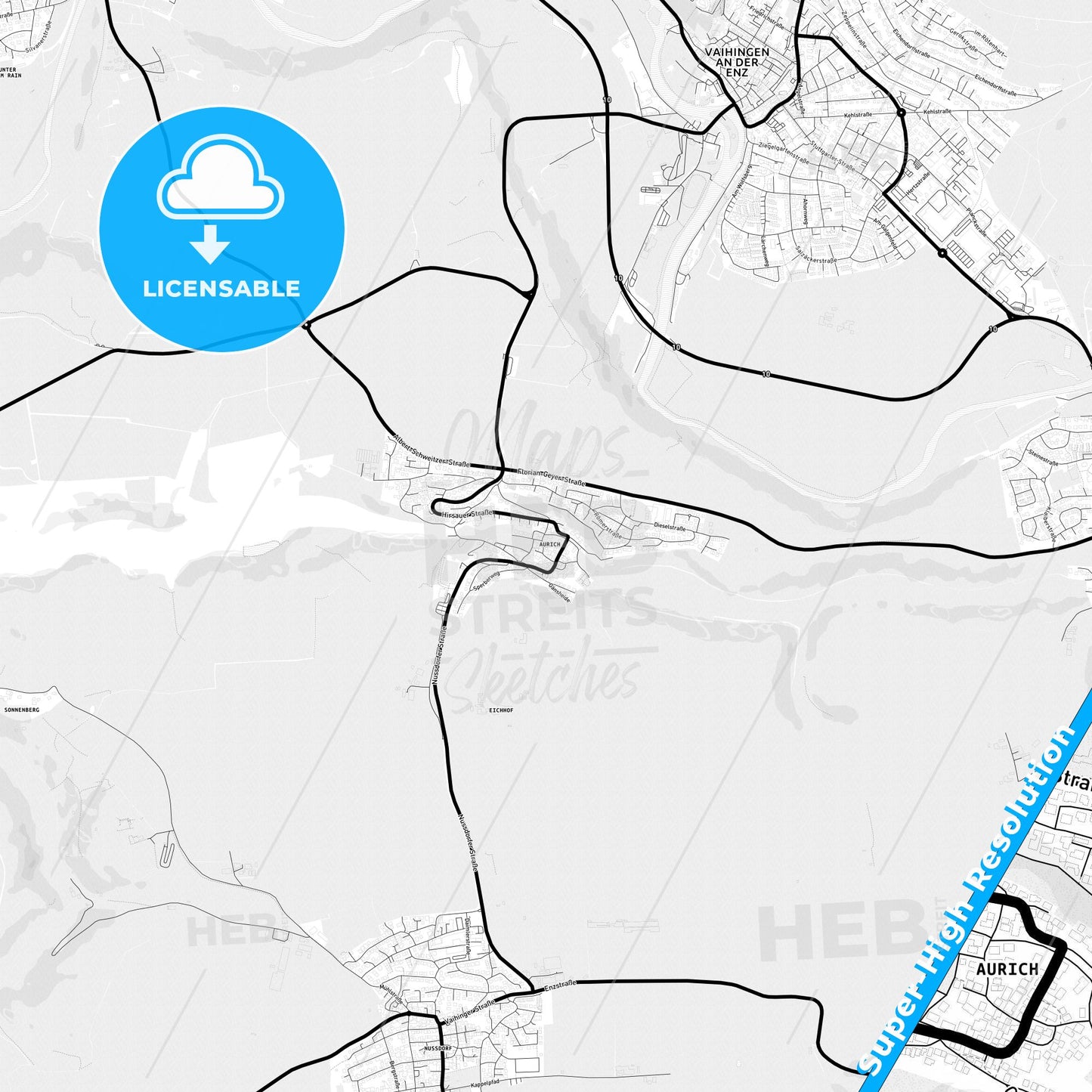 Aurich, Germany Light Map with Street Names, City Names, and Districts