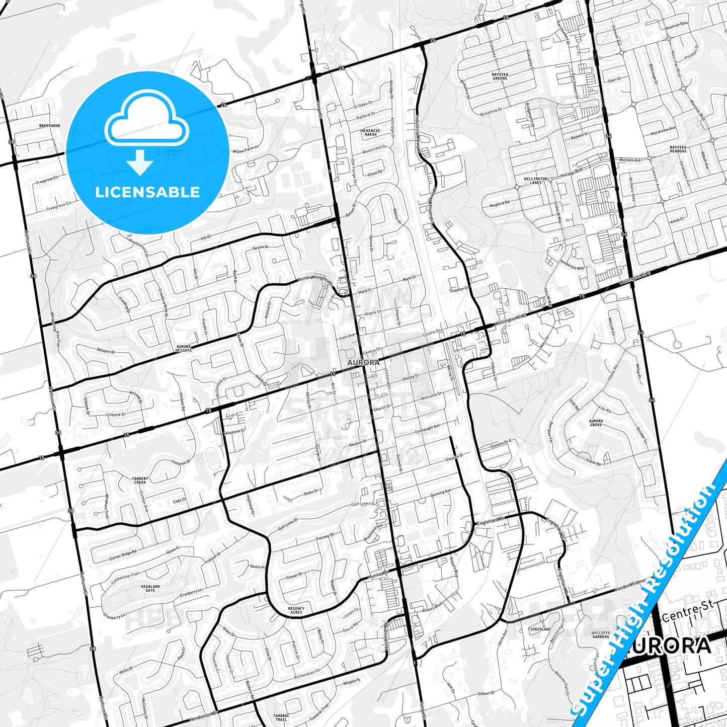 Aurora, Canada Light Map with Street Names, City Names, and Districts