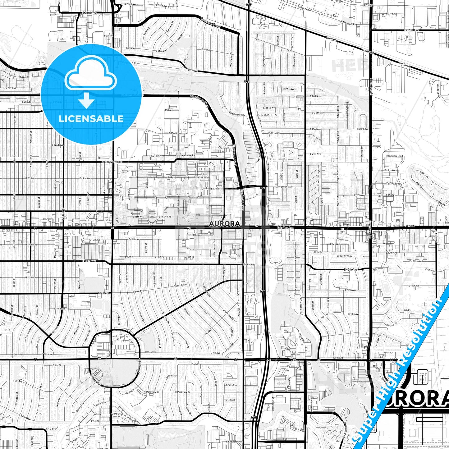 Aurora, Colorado Light Map with Street Names, City Names, and Districts