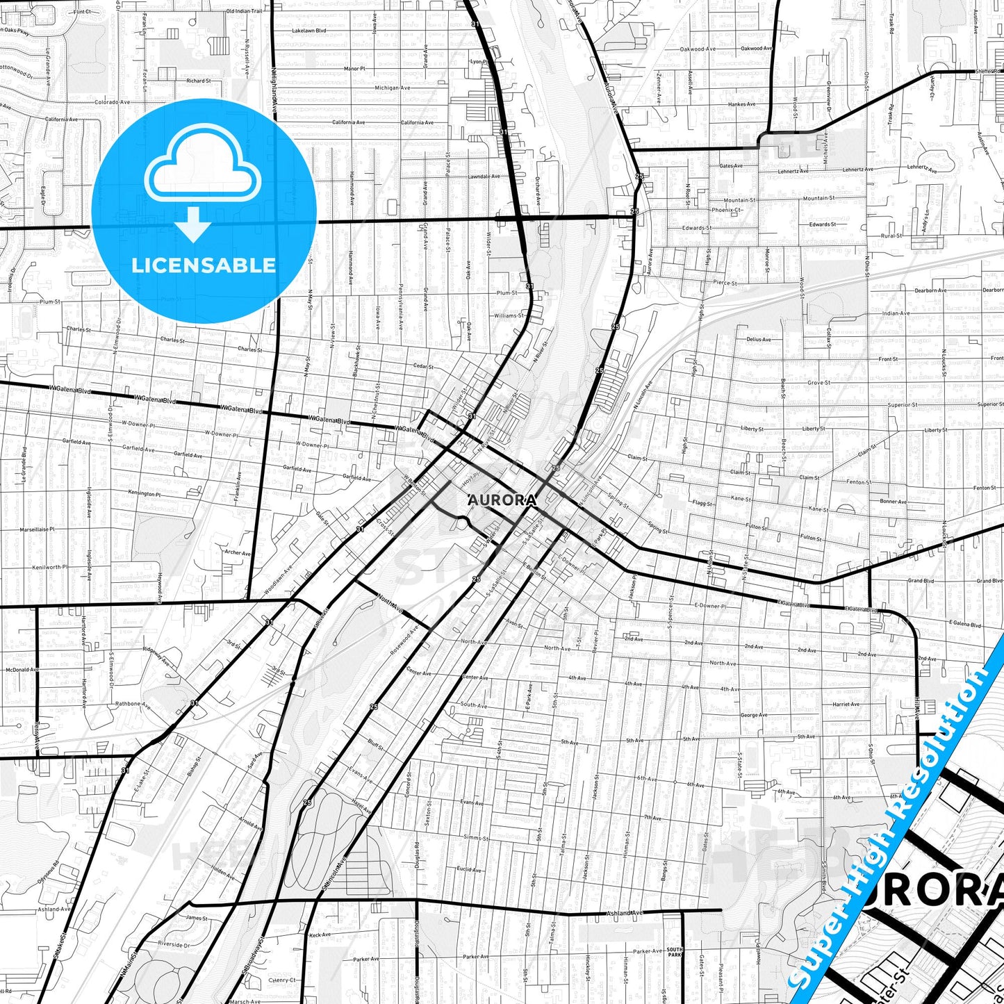 Aurora, Illinois Light Map with Street Names, City Names, and Districts