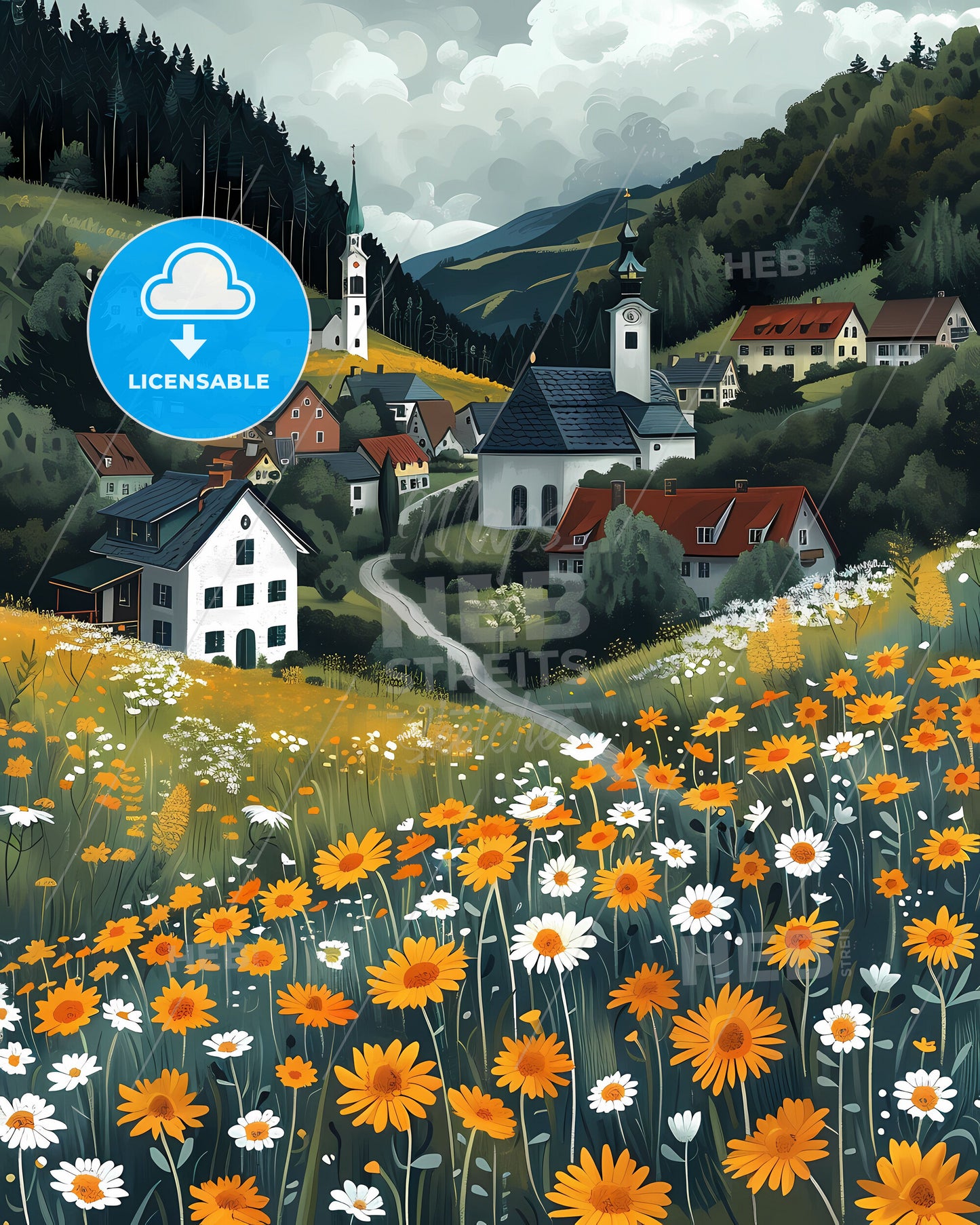 Picturesque Village Artwork Austria Europe Flowers Painting Art