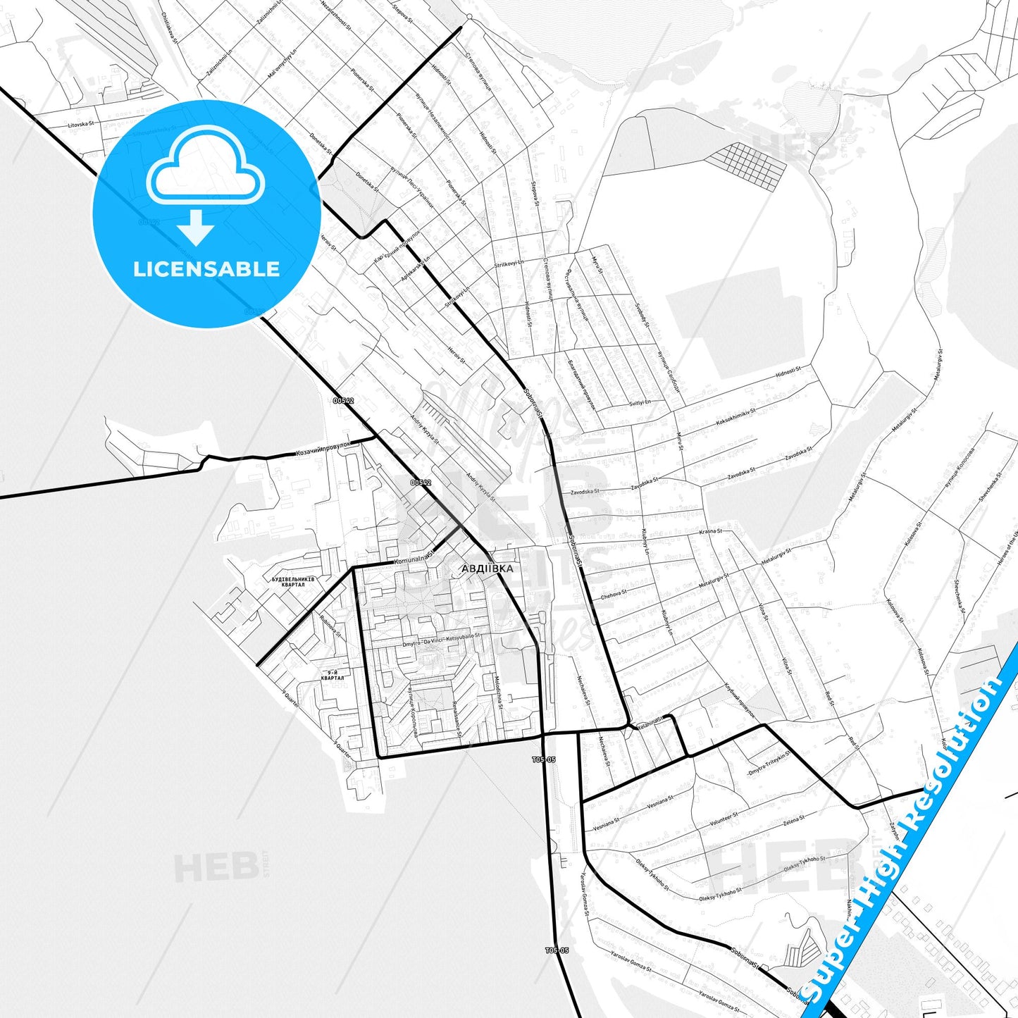 Avdiivka, Ukraine Light Map with Street Names, City Names, and Districts