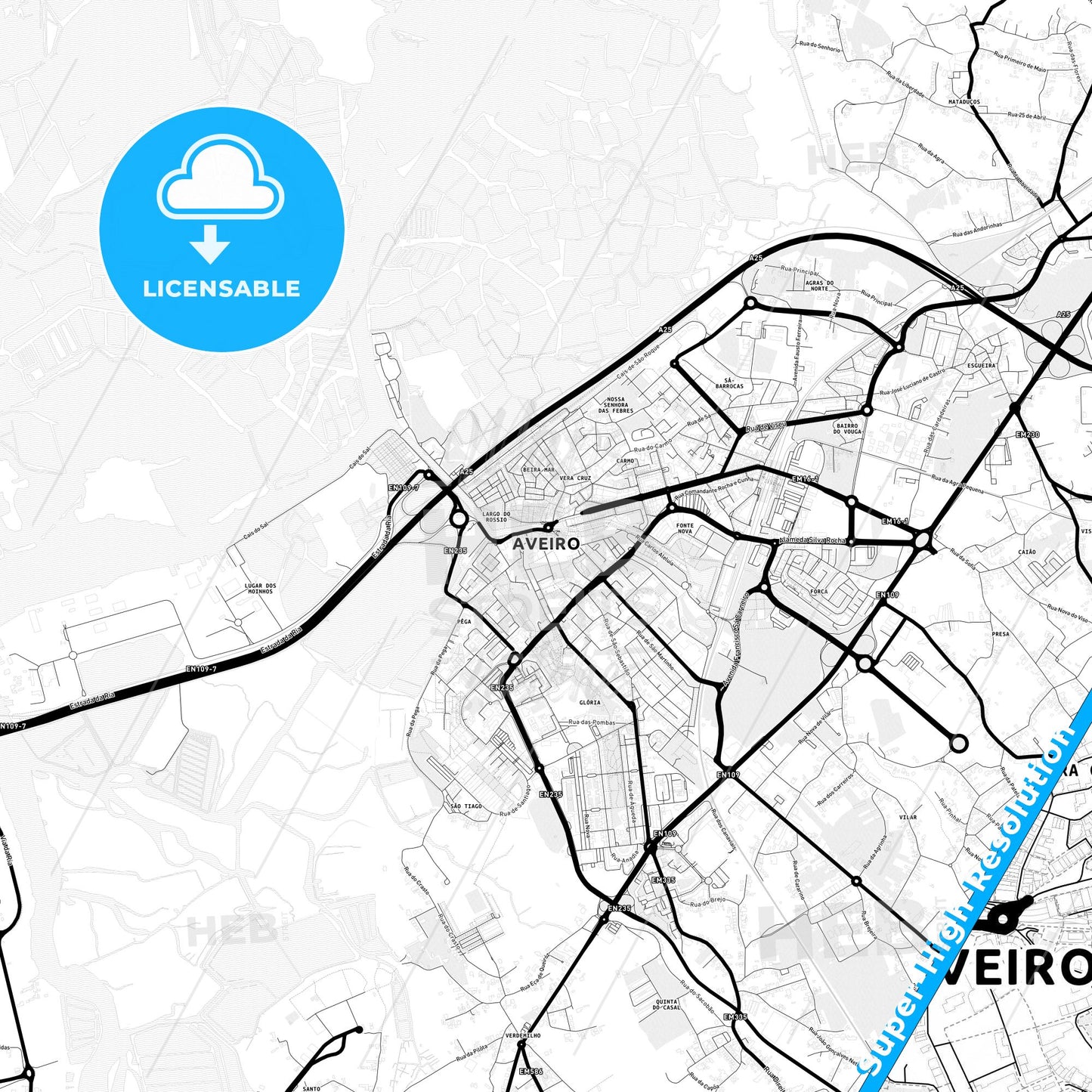 Aveiro, Portugal Light Map with Street Names, City Names, and Districts