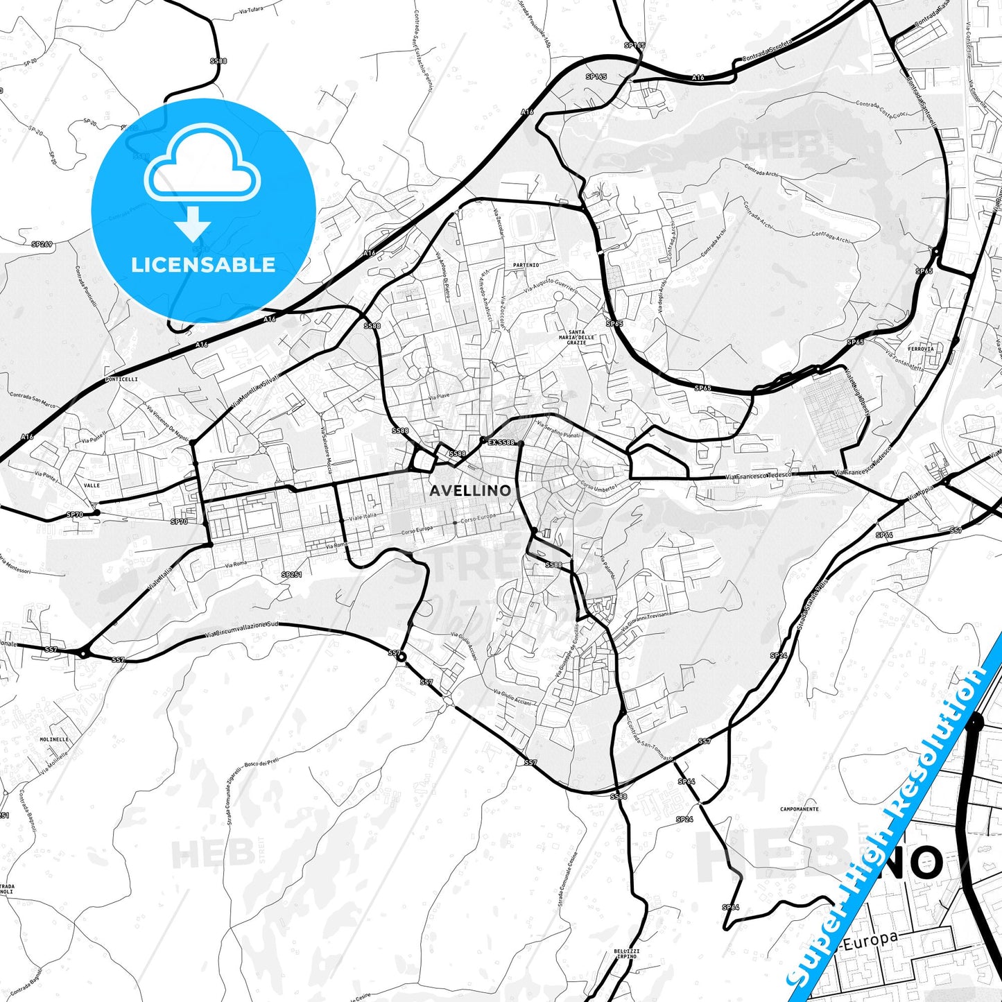 Avellino, Italy Light Map with Street Names, City Names, and Districts
