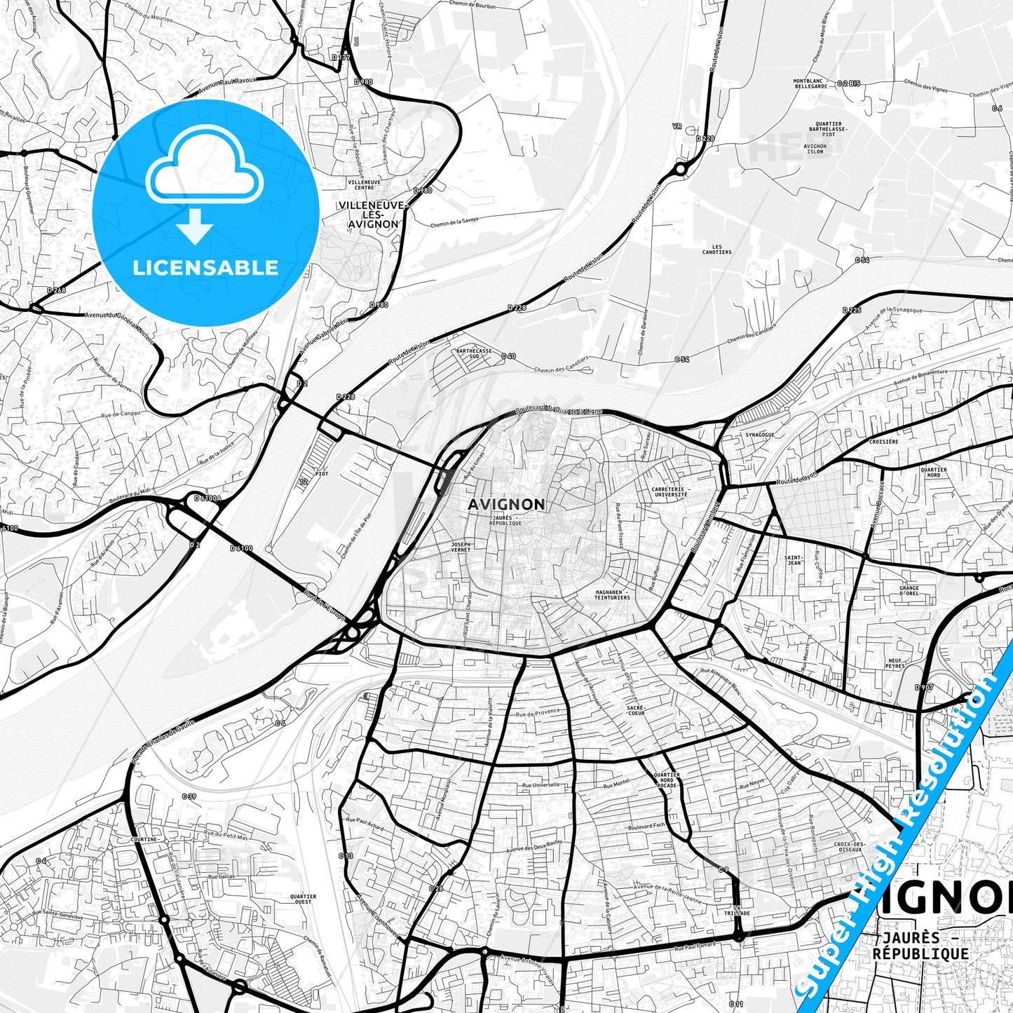 Avignon, France Light Map with Street Names, City Names, and Districts