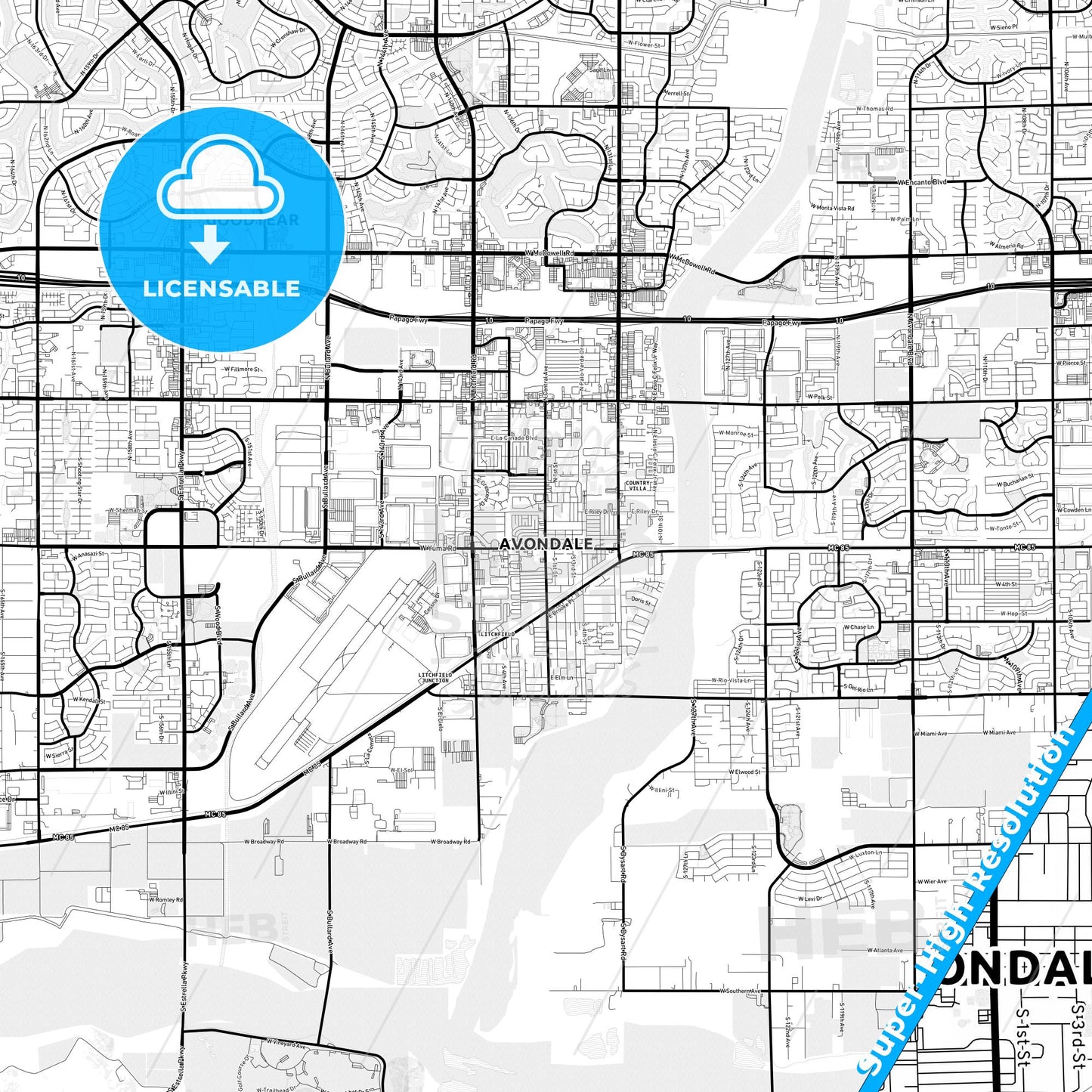 Avondale, Arizona Light Map with Street Names, City Names, and Districts