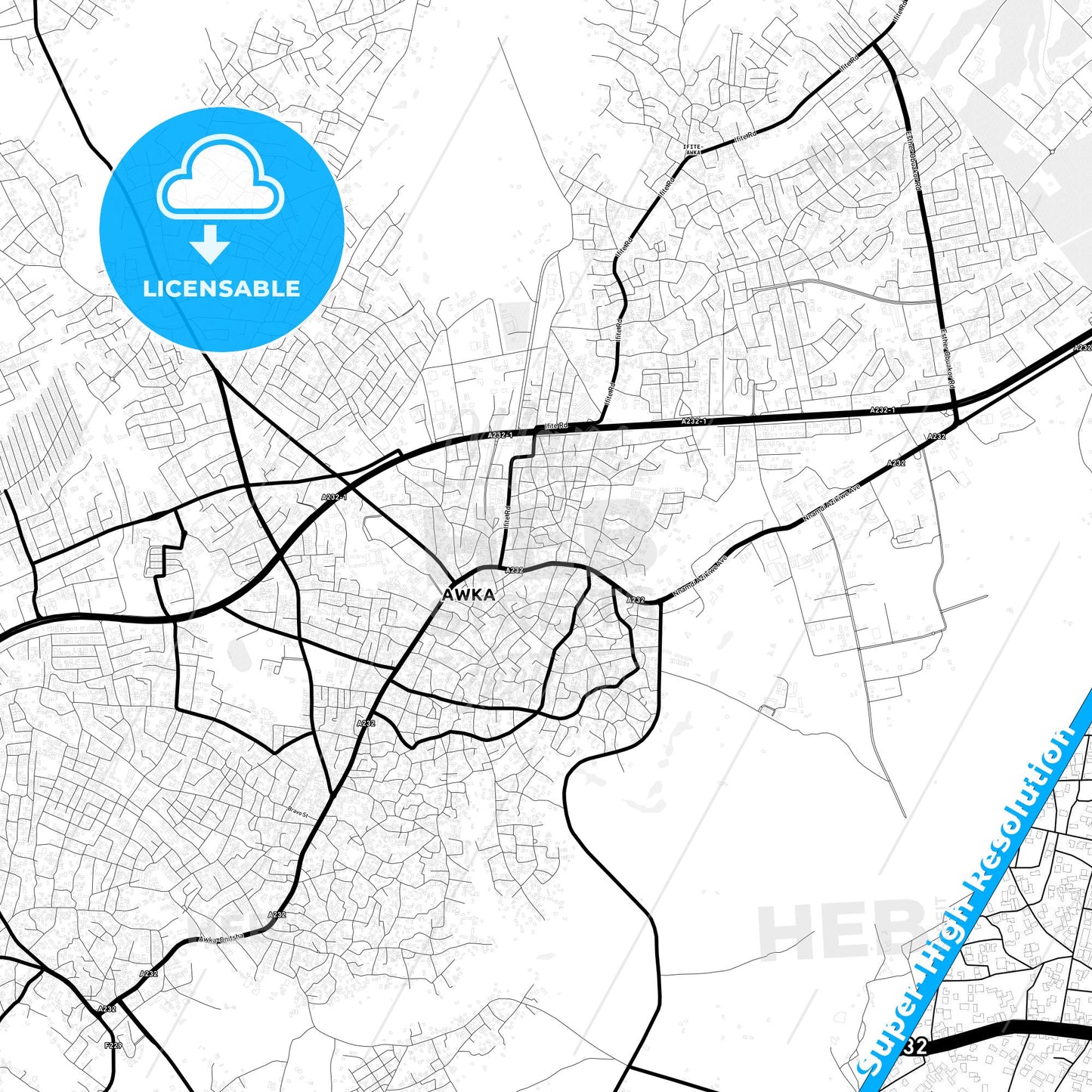 Awka, Nigeria Light Map with Street Names, City Names, and Districts