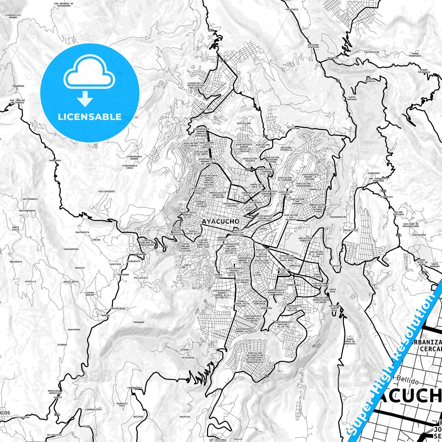 Ayacucho, Peru Light Map with Street Names, City Names, and Districts