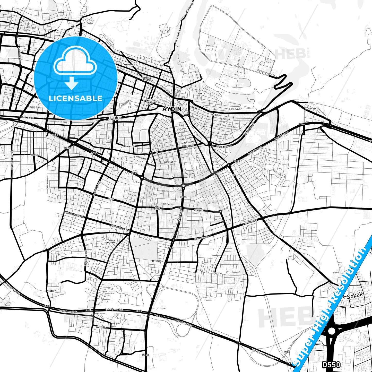 Aydın, Turkey Light Map with Street Names, City Names, and Districts