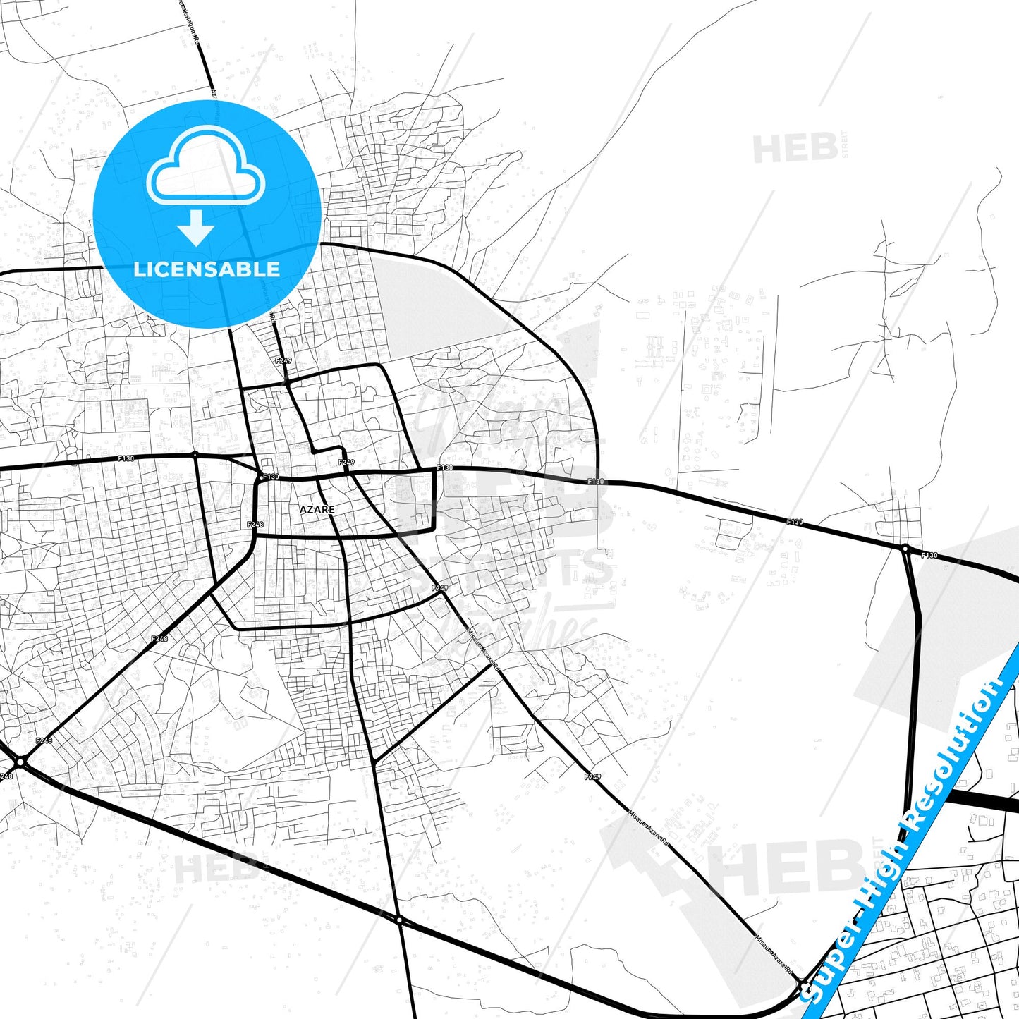 Azare, Nigeria Light Map with Street Names, City Names, and Districts