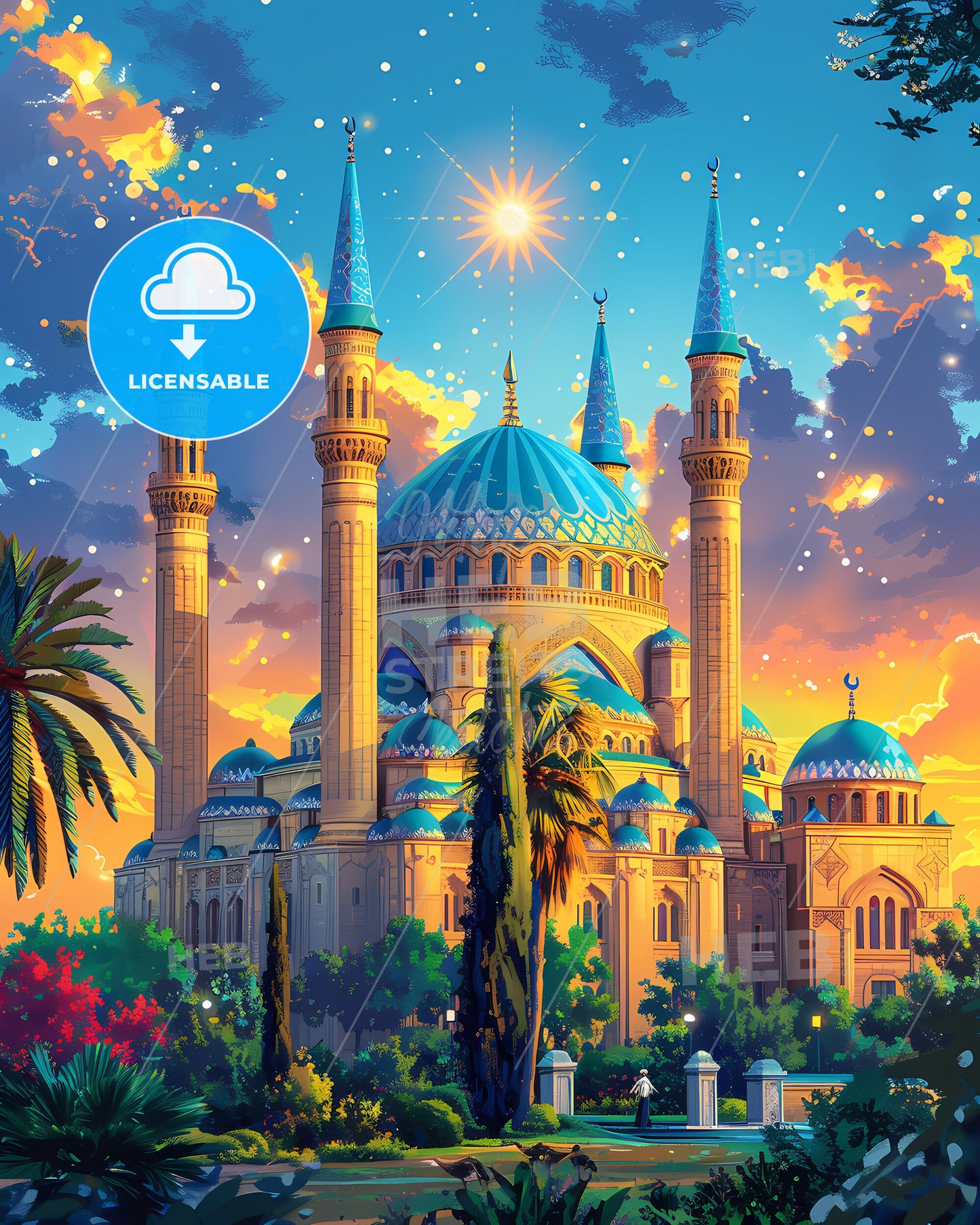 Vibrant Azerbaijani Building Art Depicting Towers and Intricate Blue Roofs