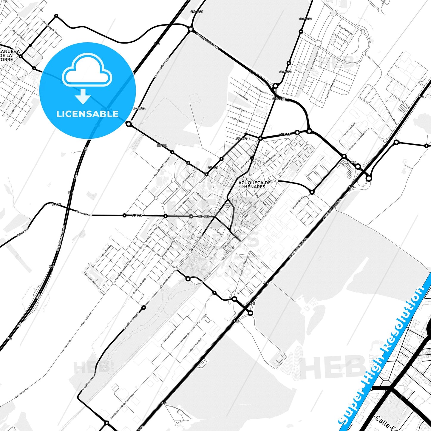 Azuqueca de Henares, Spain Light Map with Street Names, City Names, and Districts