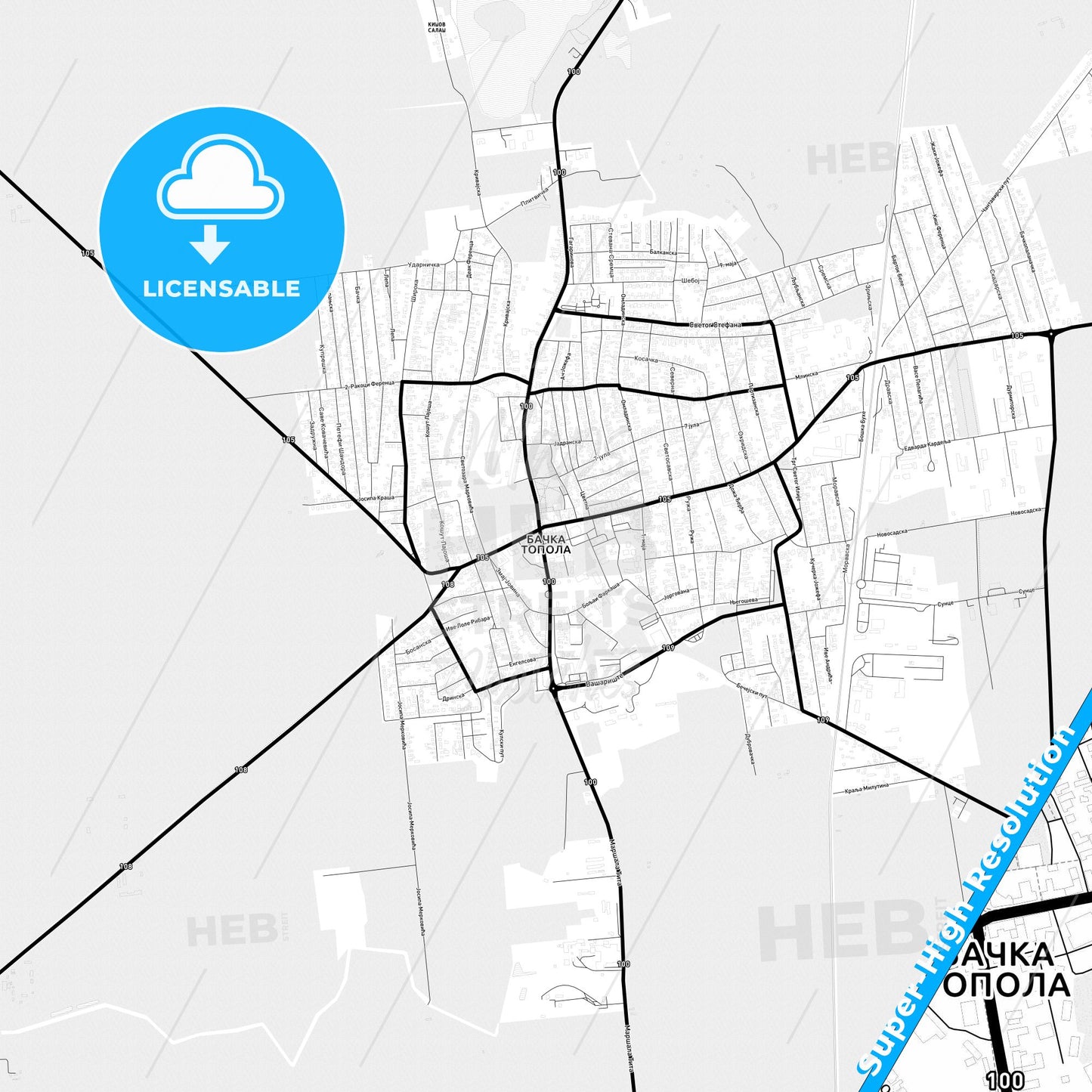 Bačka Topola, Serbia Light Map with Street Names, City Names, and Districts
