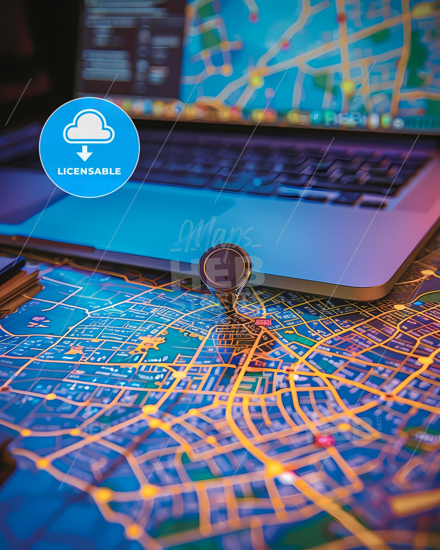 City Map and Laptop Digital Painting, Art, Background, GIS, Vivid Colors, Artwork, Creative
