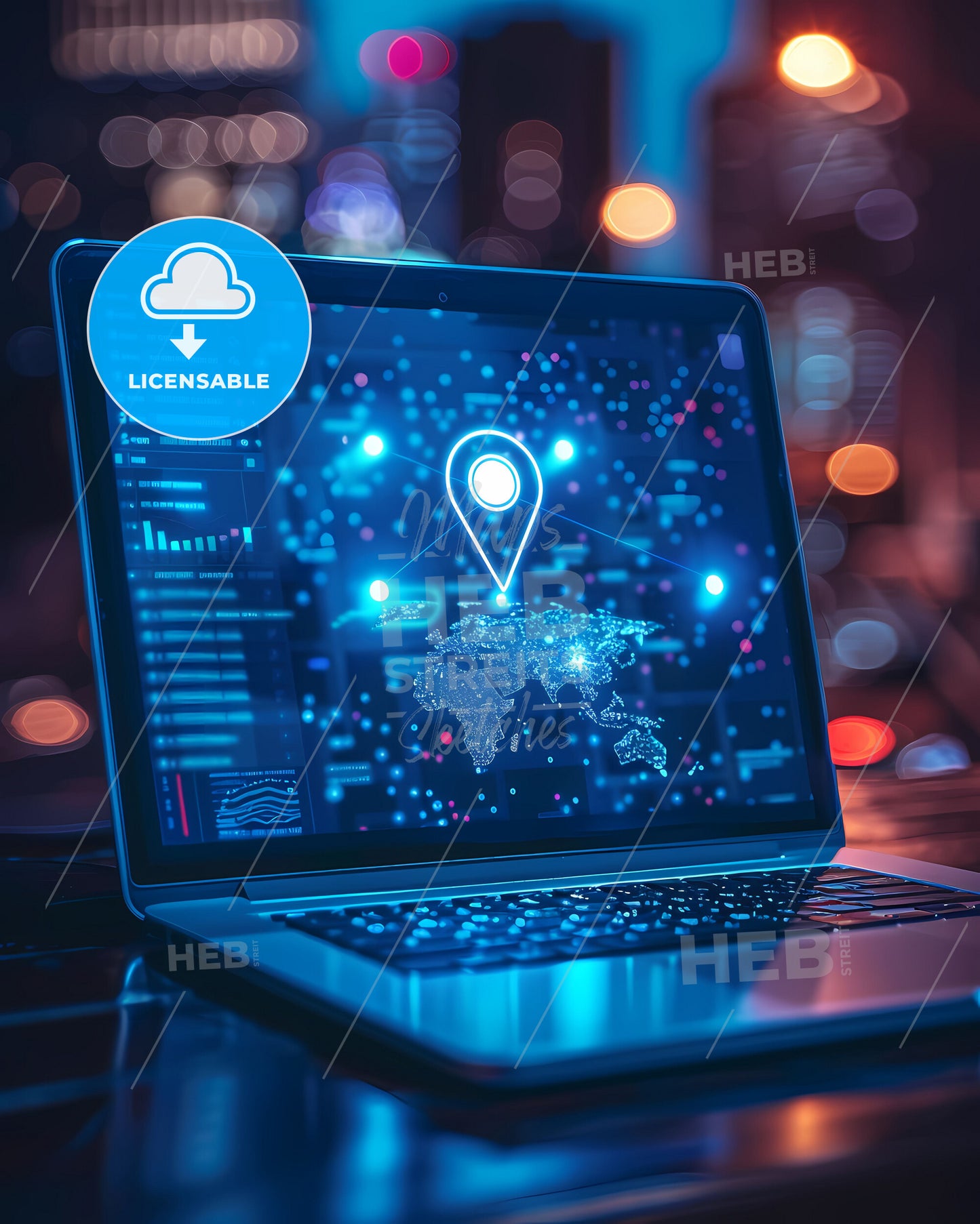 Modern map on laptop screen, vibrant painting, bright background, GIS, geography, artwork, digital art