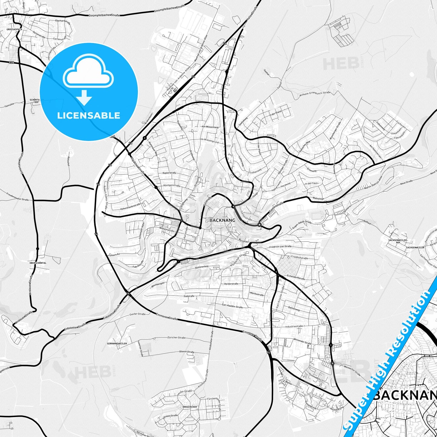 Backnang, Germany Light Map with Street Names, City Names, and Districts