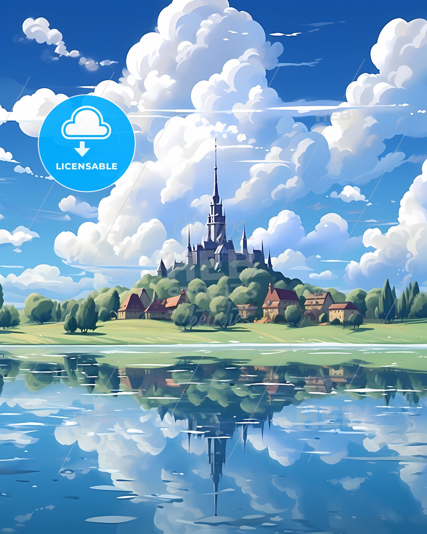 Castle Landscape Skyline Bacoor Philippines Lake Trees Art Vibrant Painting