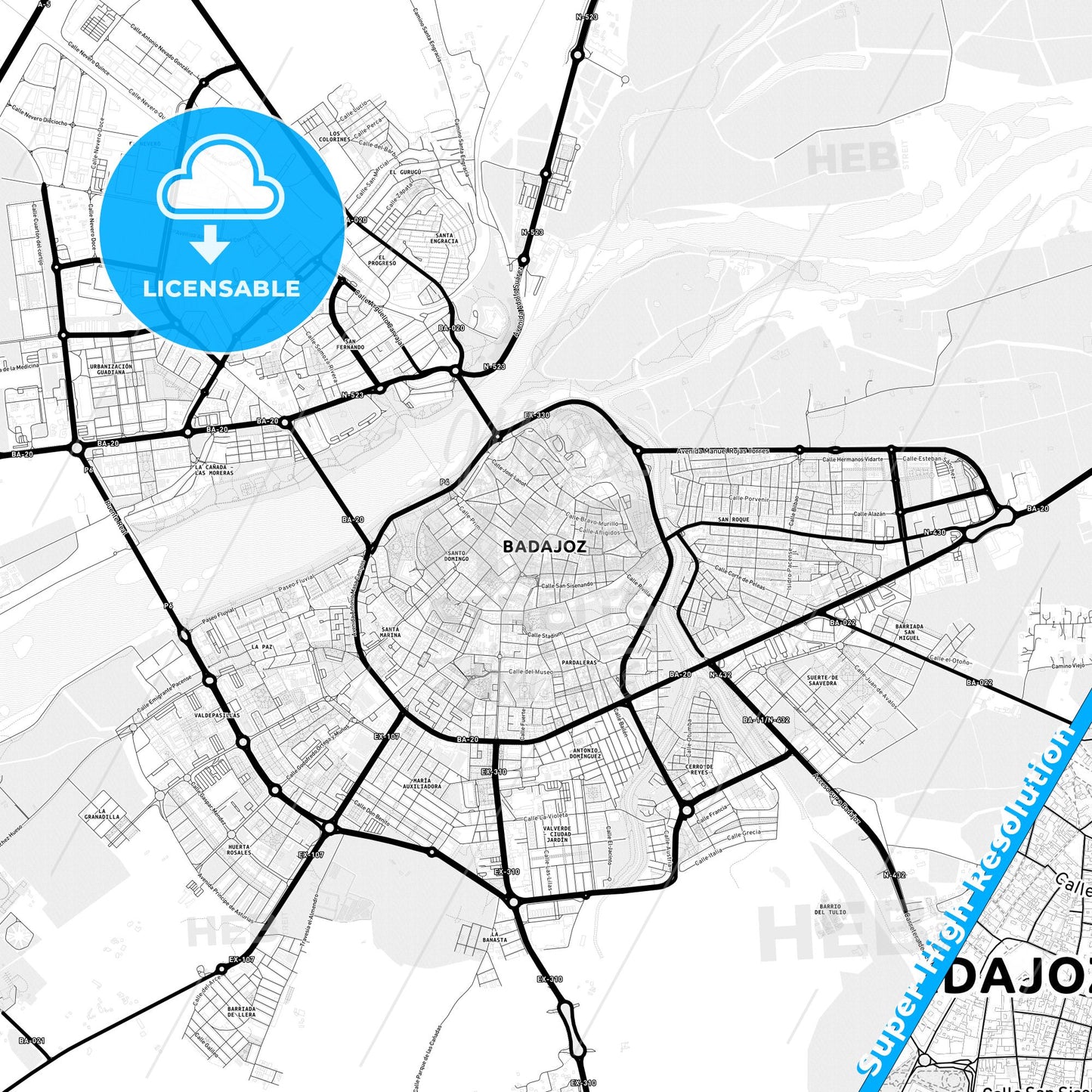 Badajoz, Spain Light Map with Street Names, City Names, and Districts