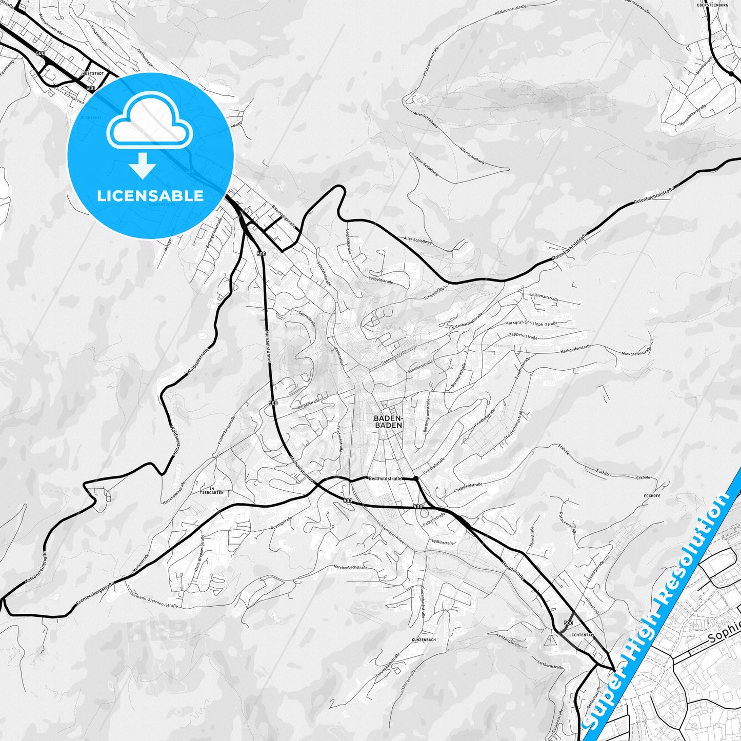 Baden-Baden, Germany Light Map with Street Names, City Names, and Districts