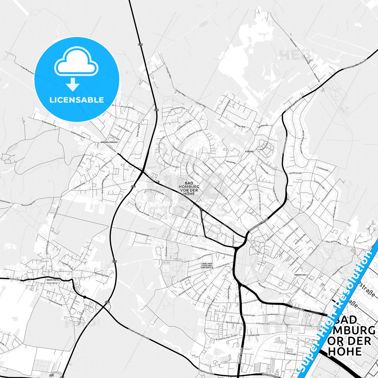 Bad Homburg vor der Hohe, Germany Light Map with Street Names, City Names, and Districts