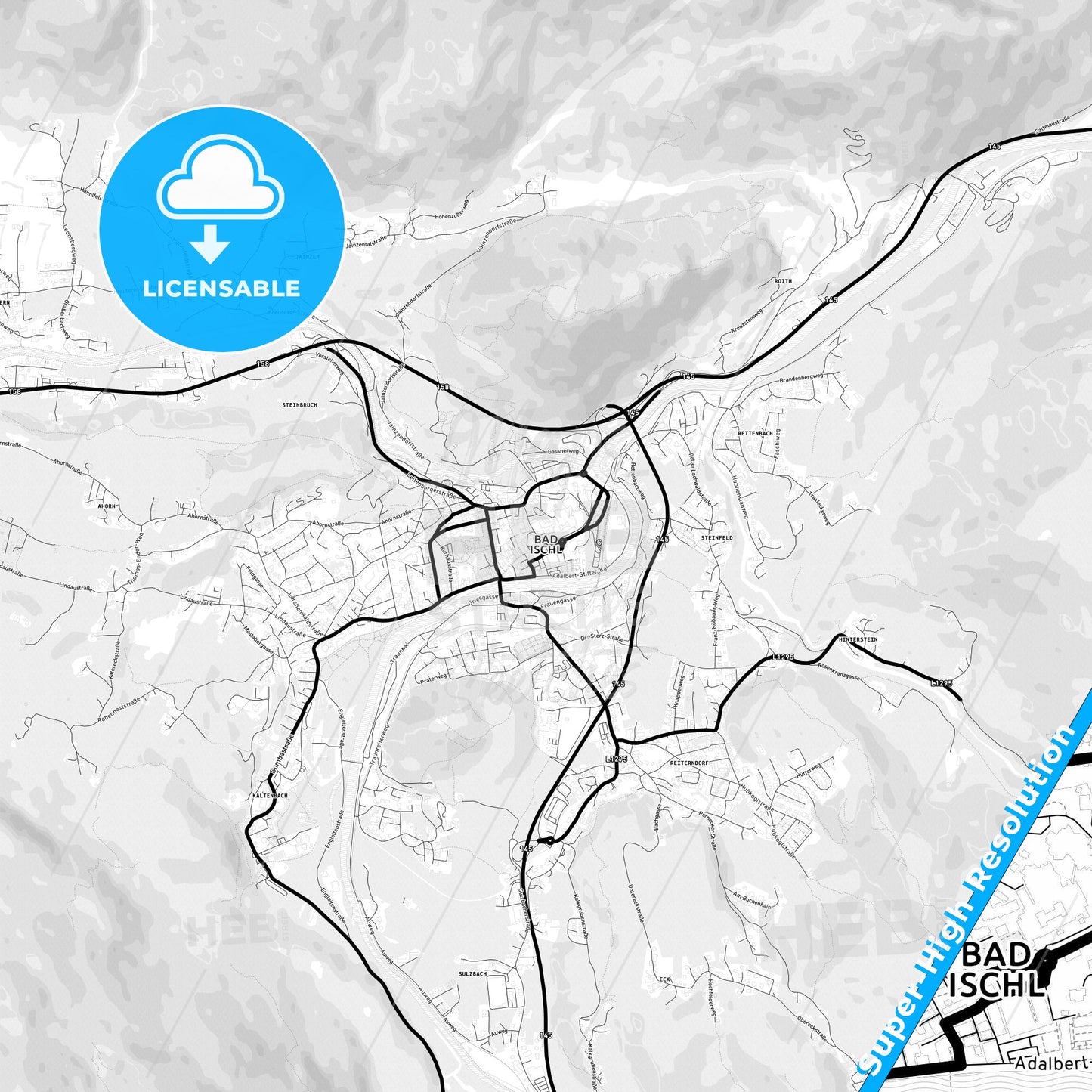 Bad Ischl, Austria Light Map with Street Names, City Names, and Districts