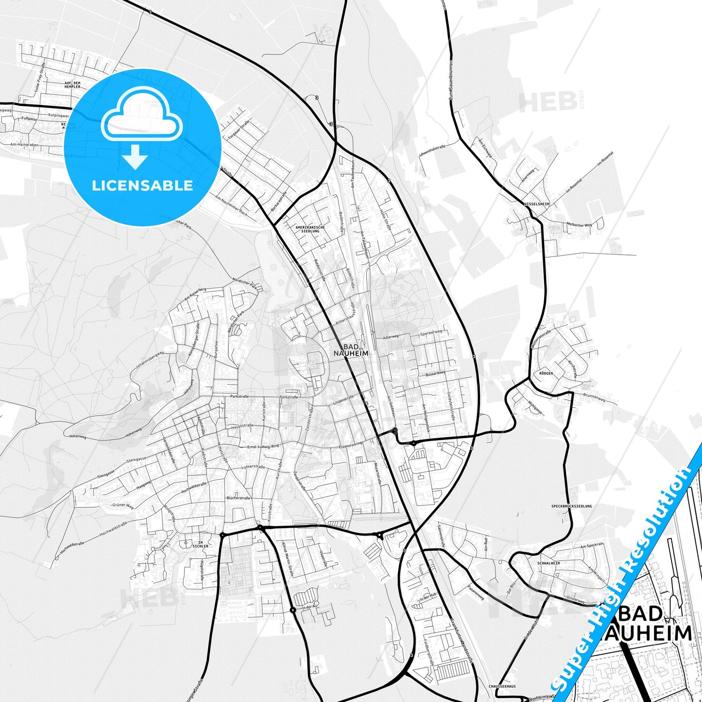 Bad Nauheim, Germany Light Map with Street Names, City Names, and Districts