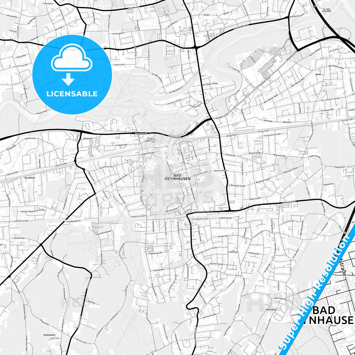 Bad Oeynhausen, Germany Light Map with Street Names, City Names, and Districts