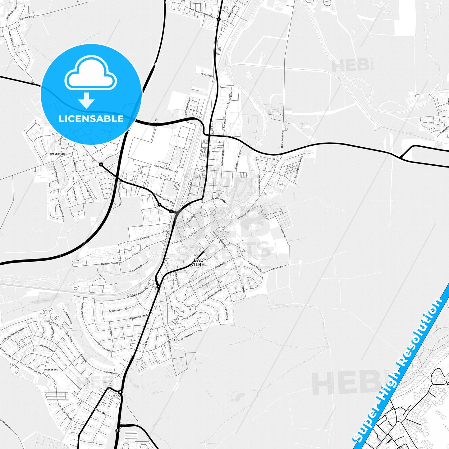 Bad Vilbel, Germany Light Map with Street Names, City Names, and Districts